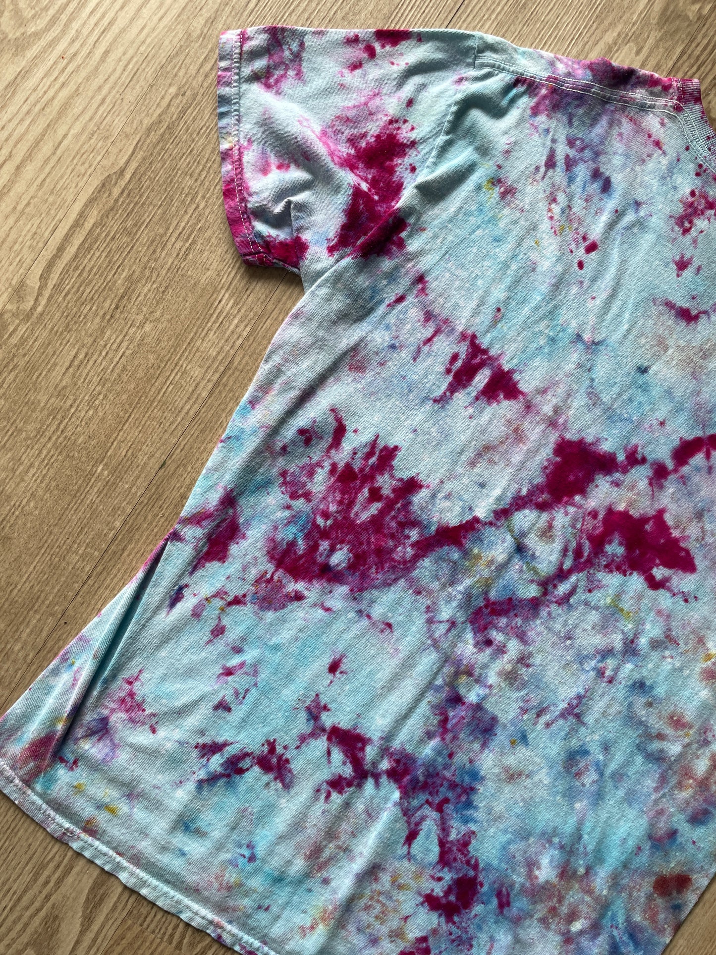 Medium Men's Hand-Printed Skeleton Peace Sign Galaxy Ice Dye Short Sleeve T-Shirt | Handmade One-Of-a-Kind Upcycled Pastel Blue and Pink Top