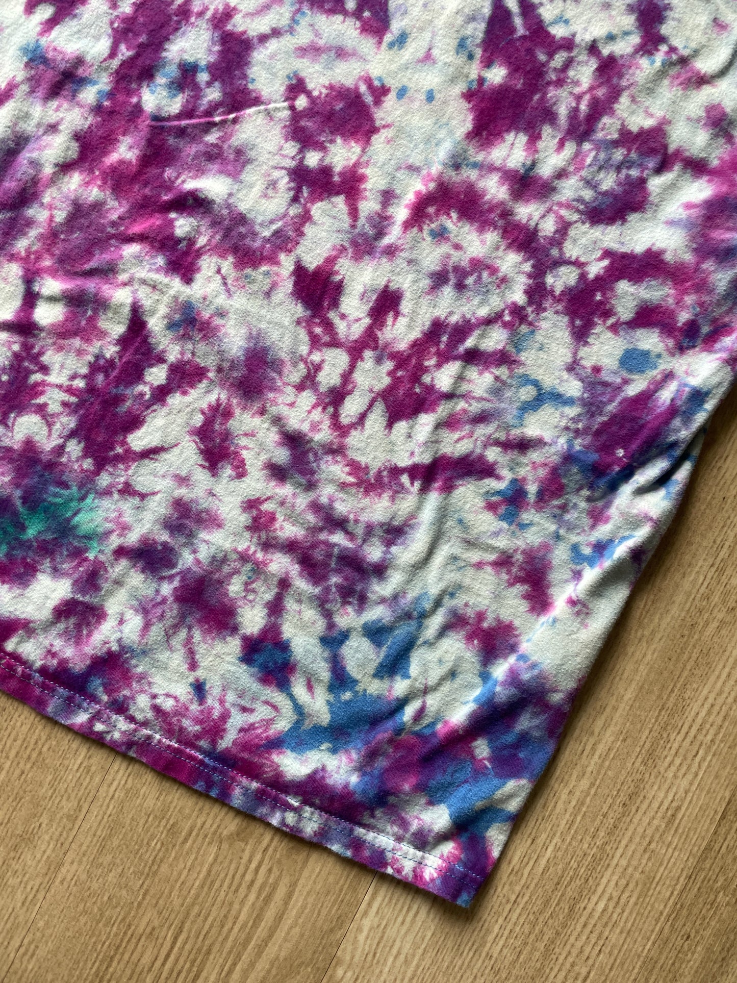MEDIUM Men’s Stay Weird Skeleton Heart Hands Tie Dye Short Sleeve T-Shirt | One-Of-a-Kind Upcycled Blue, White, and Purple Crumpled Top