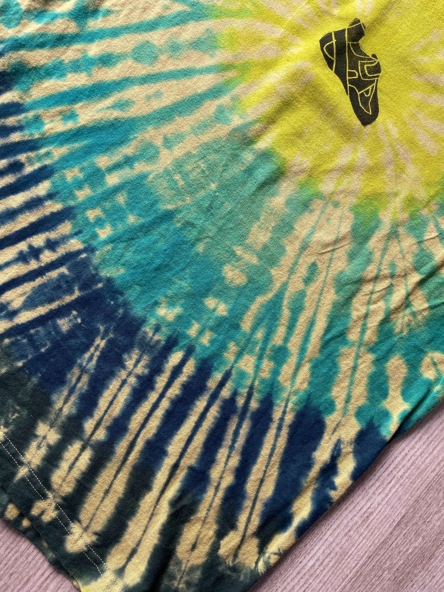LARGE Men’s Climbing Shoe Handmade Tie Dyed T-Shirt | One-Of-a-Kind Yellow, Blue, and Green Pleated Short Sleeve