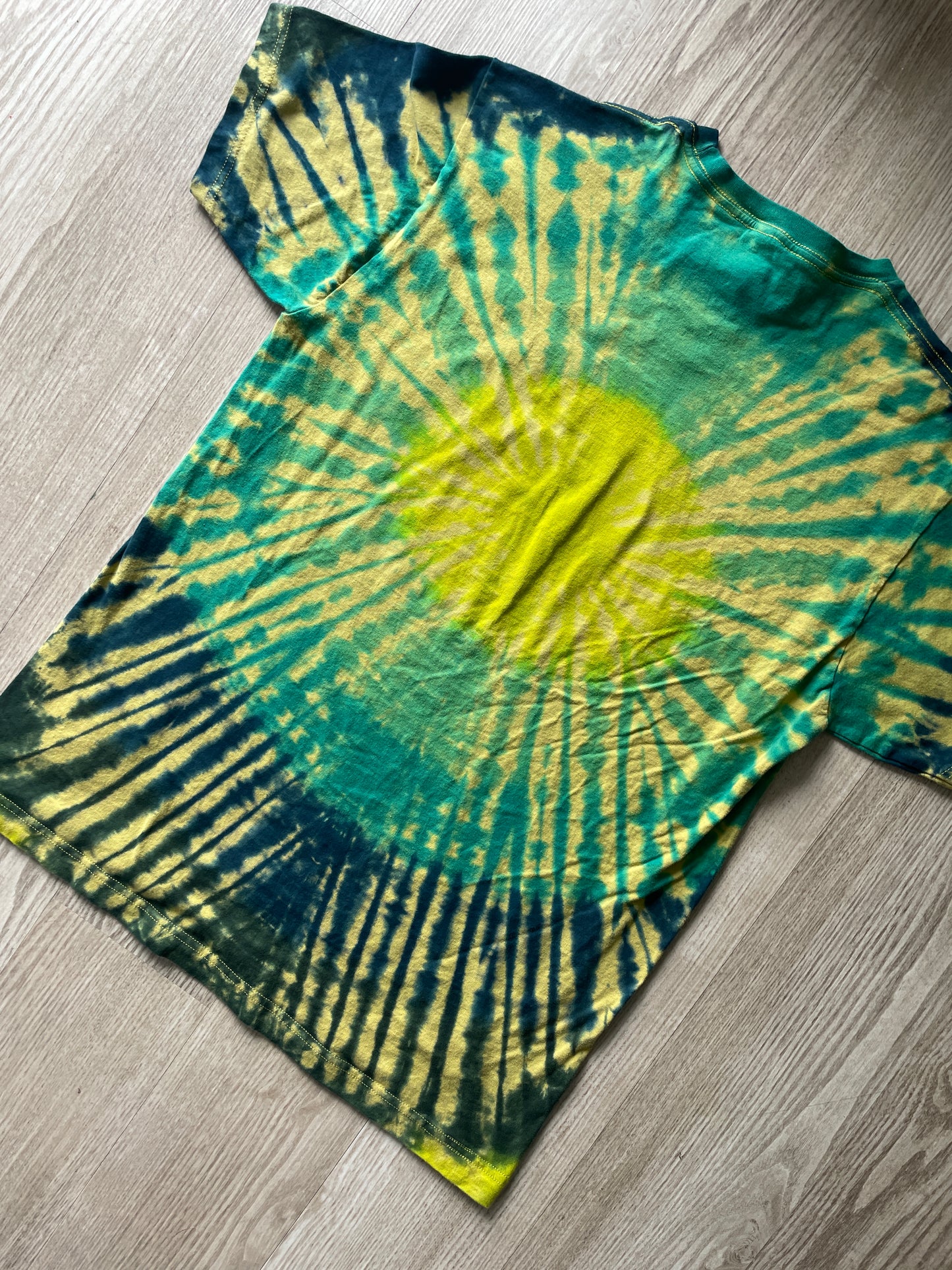 LARGE Men’s Climbing Shoe Handmade Tie Dyed T-Shirt | One-Of-a-Kind Yellow, Blue, and Green Pleated Short Sleeve