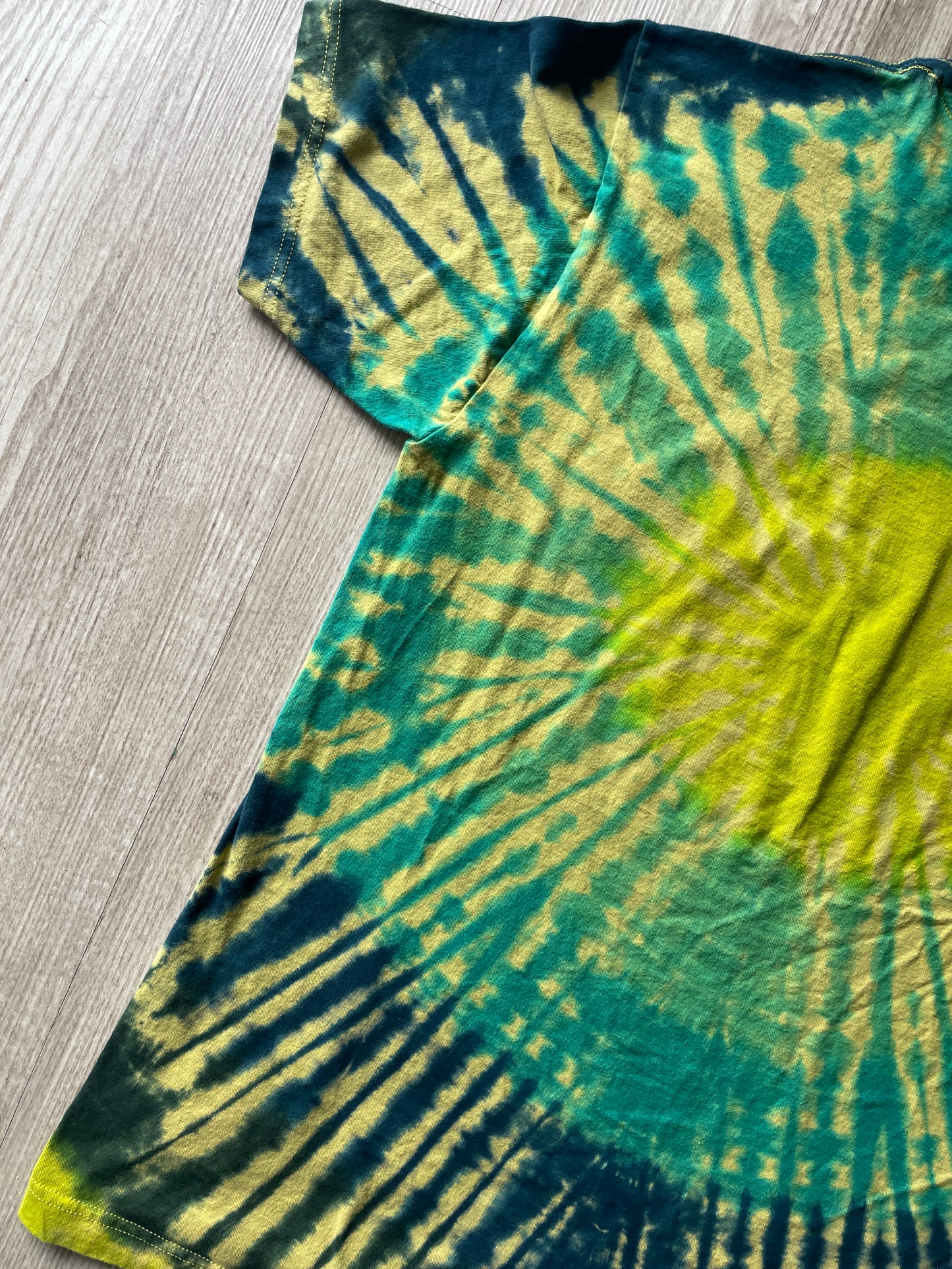 LARGE Men’s Climbing Shoe Handmade Tie Dyed T-Shirt | One-Of-a-Kind Yellow, Blue, and Green Pleated Short Sleeve