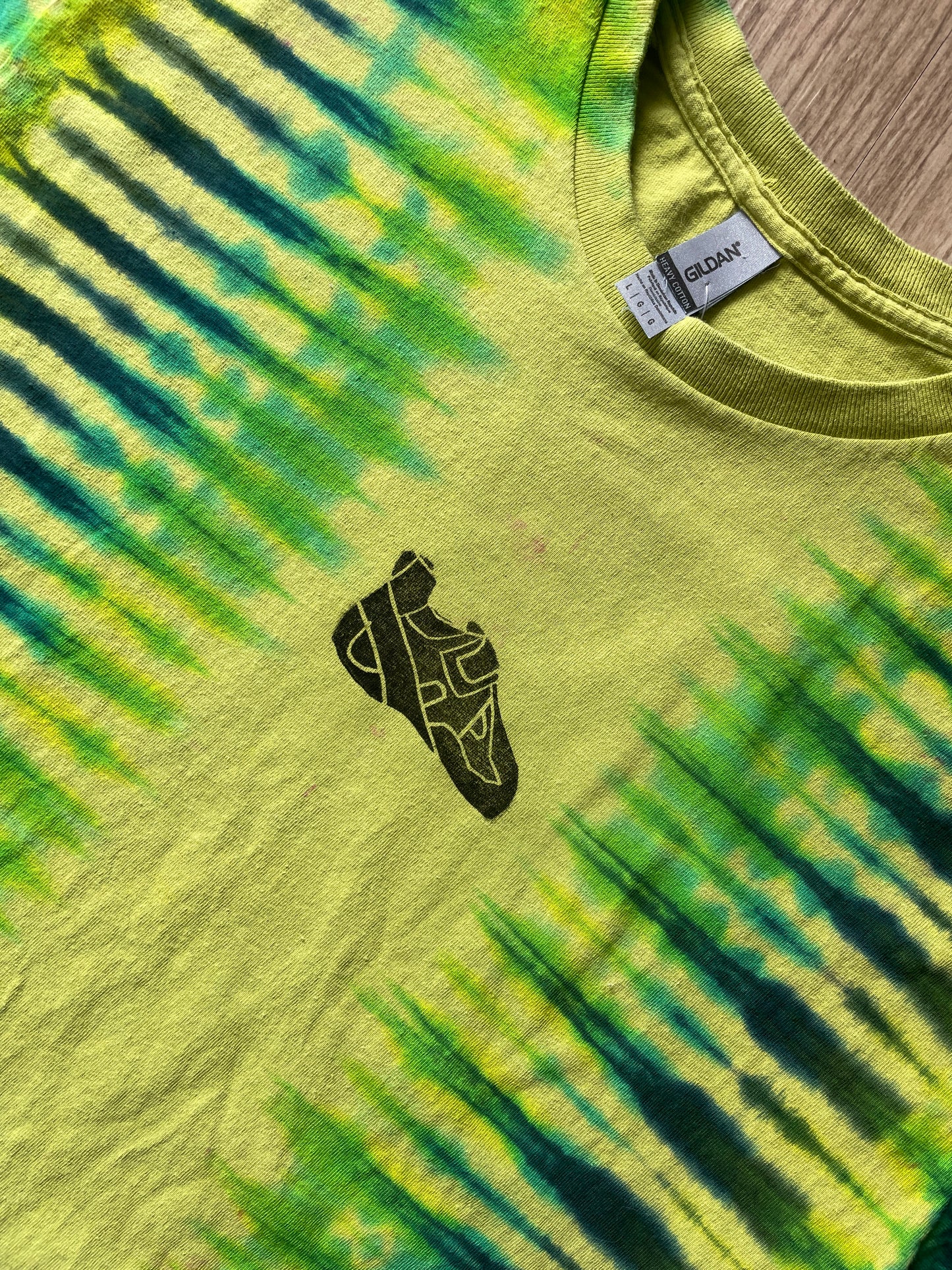 LARGE Men’s Climbing Shoe Handmade Tie Dyed T-Shirt | One-Of-a-Kind Yellow, Blue, and Green Pleated Short Sleeve