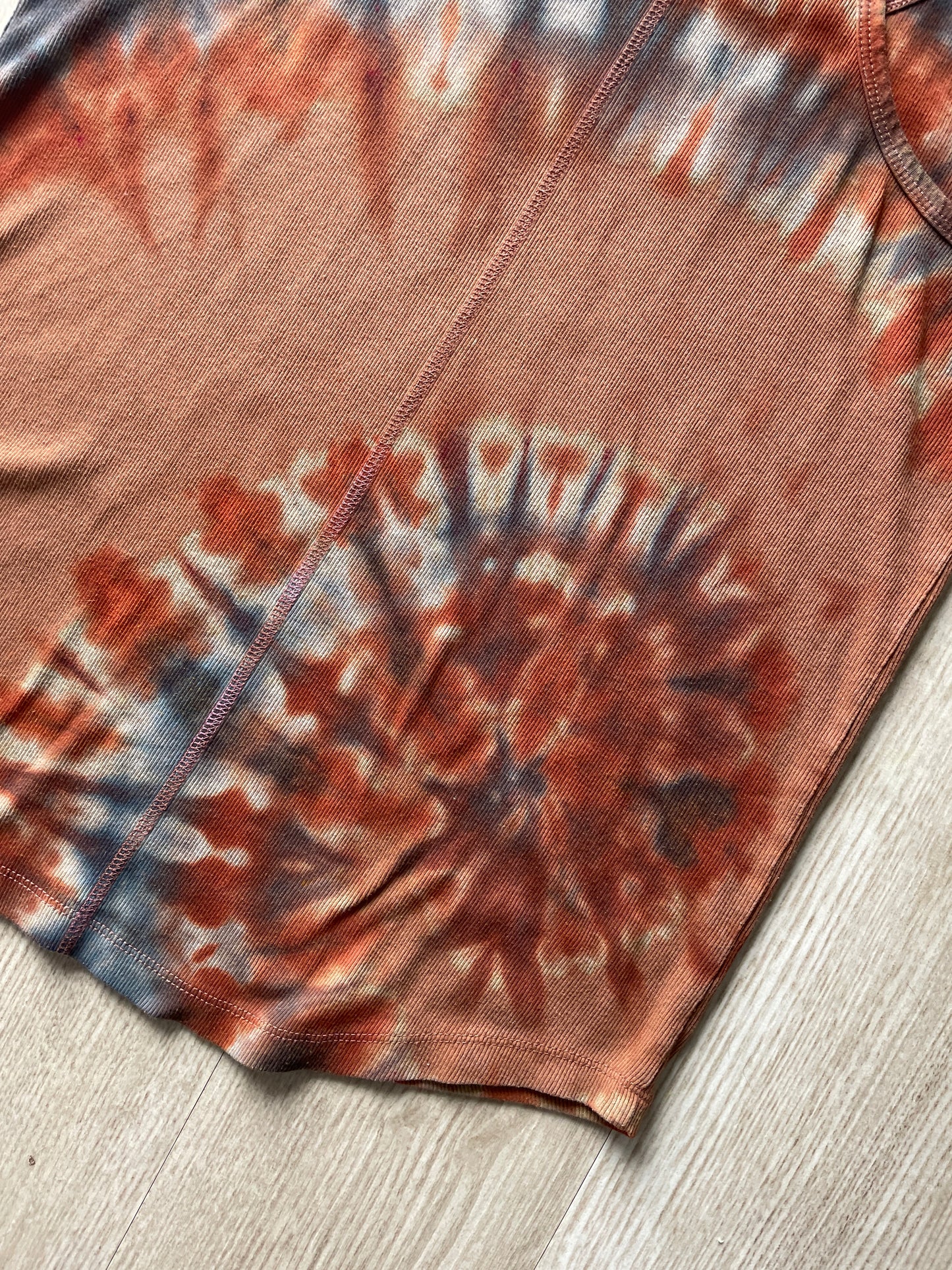 XL Women's Hand-Printed Delicate Arch Reverse Tie Dye Tank Top | Handmade One-Of-a-Kind Upcycled Orange and Black Sleeveless Top