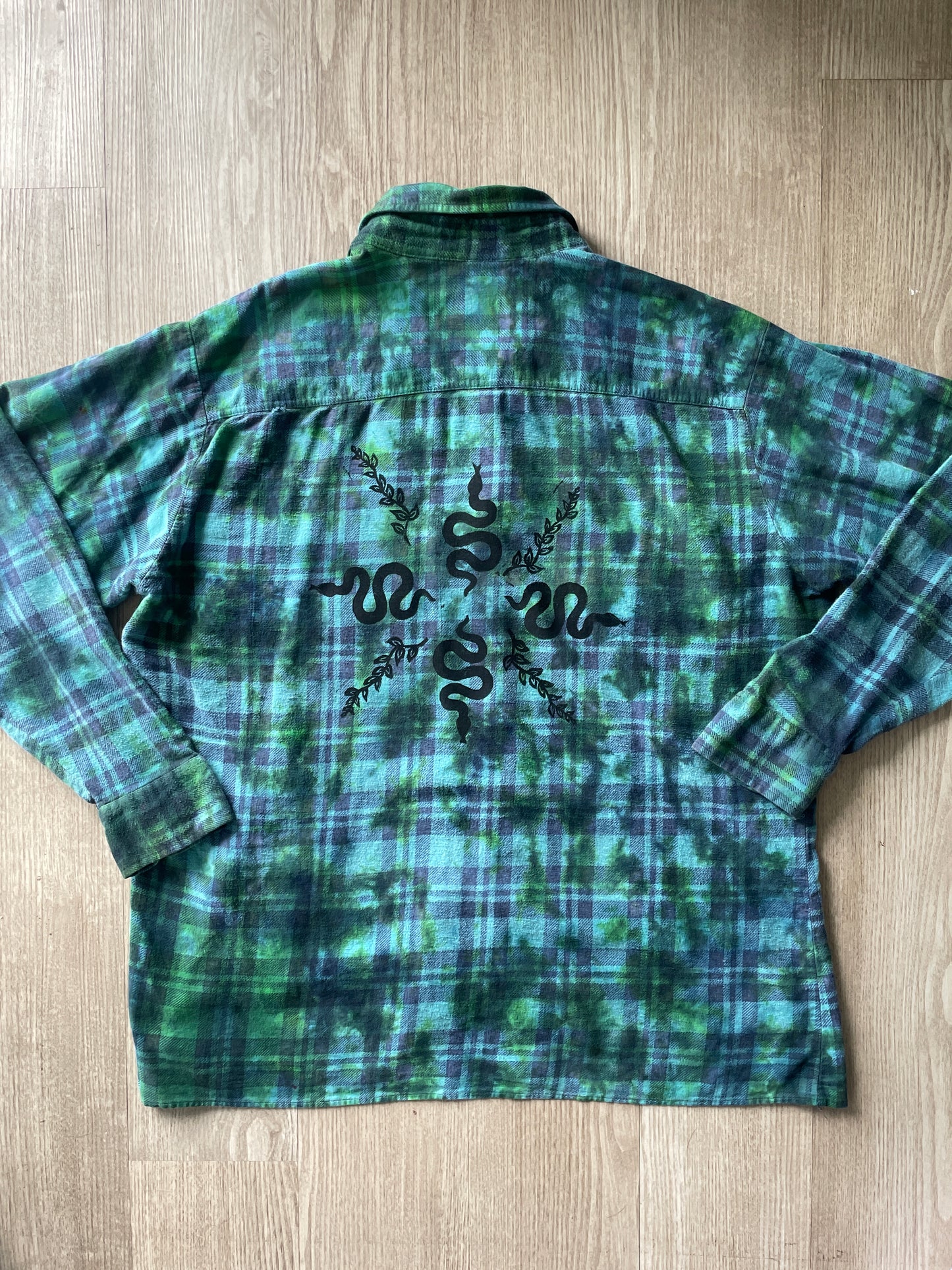 LARGE Women’s Saucatauk Dry Goods Grunge Handmade Tie Dye Flannel Shirt | One-Of-a-Kind Pastel Upcycled Long Sleeve with Snakes and Leaves Block Print