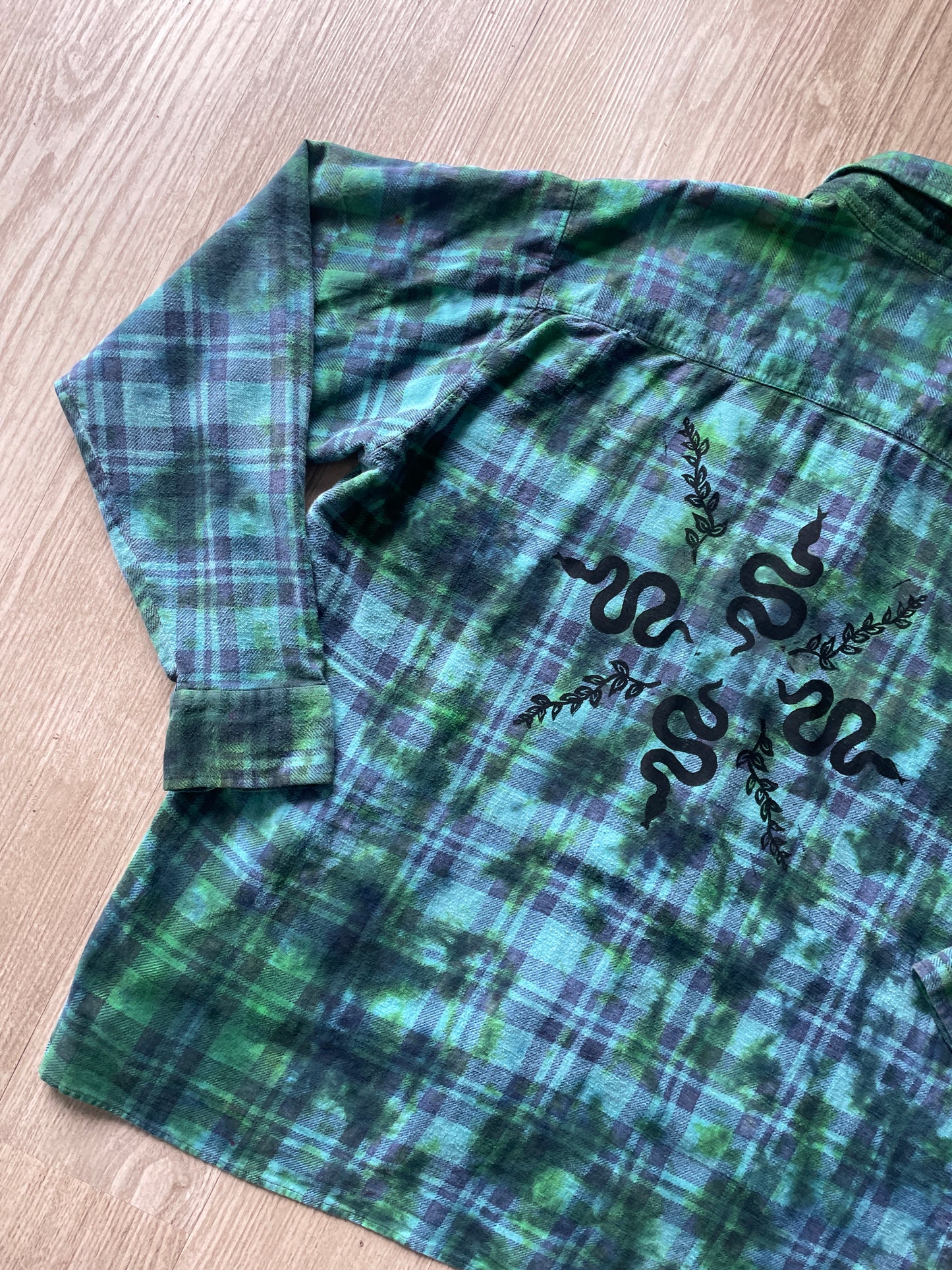 LARGE Women’s Saucatauk Dry Goods Grunge Handmade Tie Dye Flannel Shirt | One-Of-a-Kind Pastel Upcycled Long Sleeve with Snakes and Leaves Block Print