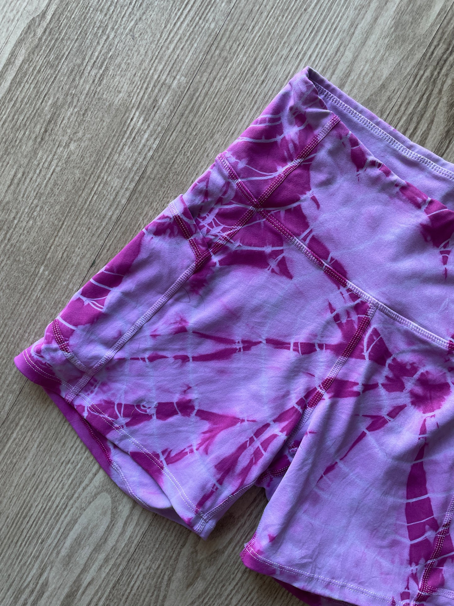 Small Women's Pastel Pink Geode Bike Shorts with Pockets and Peace Skellie Hands Graphic | High-Waist Yoga Workout Running Shorts with Deep Pockets