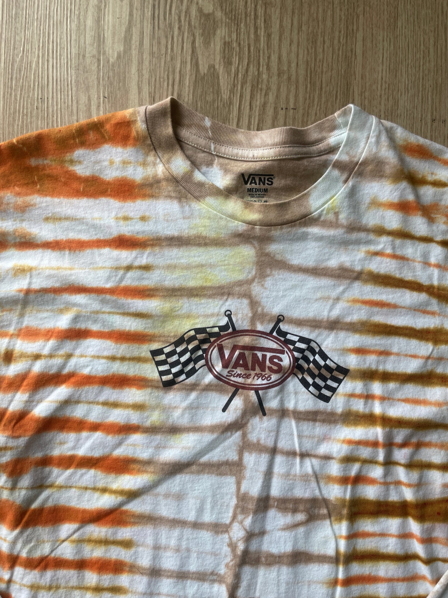 MEDIUM Men’s Vans Checkerboard Handmade Tie Dye T-Shirt | One-Of-a-Kind Orange and Brown Earth Tones Long Sleeve