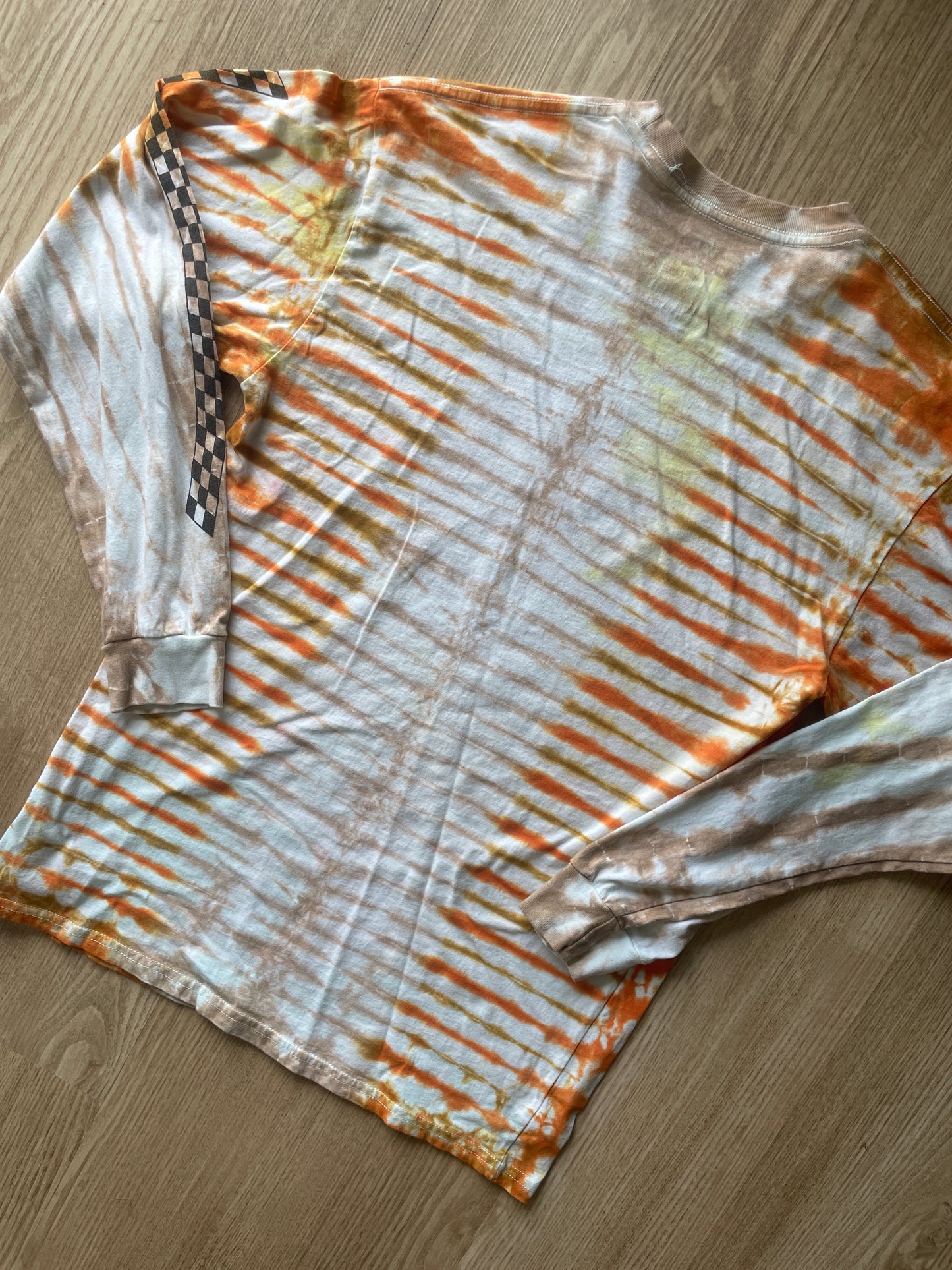 MEDIUM Men’s Vans Checkerboard Handmade Tie Dye T-Shirt | One-Of-a-Kind Orange and Brown Earth Tones Long Sleeve