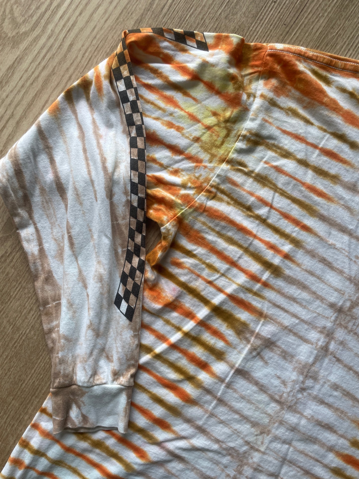 MEDIUM Men’s Vans Checkerboard Handmade Tie Dye T-Shirt | One-Of-a-Kind Orange and Brown Earth Tones Long Sleeve