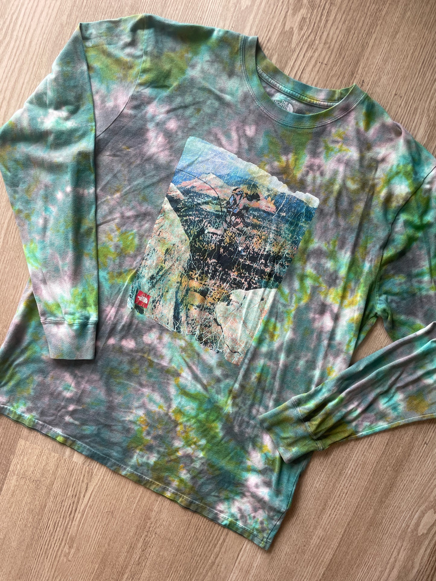 XL Men’s The North Face Desert Landscape Handmade Tie Dye T-Shirt | One-Of-a-Kind Shades of Green Earth Tones Long Sleeve