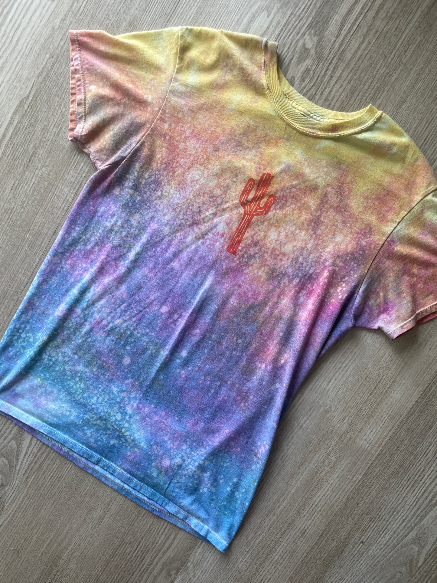 MEDIUM Men's Saguaro Cactus Sunrise Galaxy Tie Dye T-Shirt | One-Of-a-Kind Pastel Blue, Pink, and Yellow Crumpled Short Sleeve