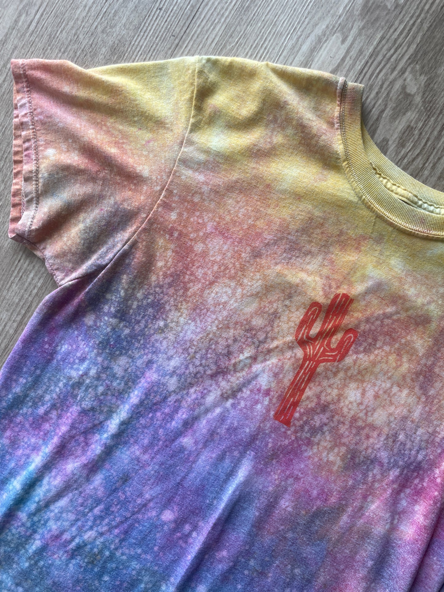 MEDIUM Men's Saguaro Cactus Sunrise Galaxy Tie Dye T-Shirt | One-Of-a-Kind Pastel Blue, Pink, and Yellow Crumpled Short Sleeve