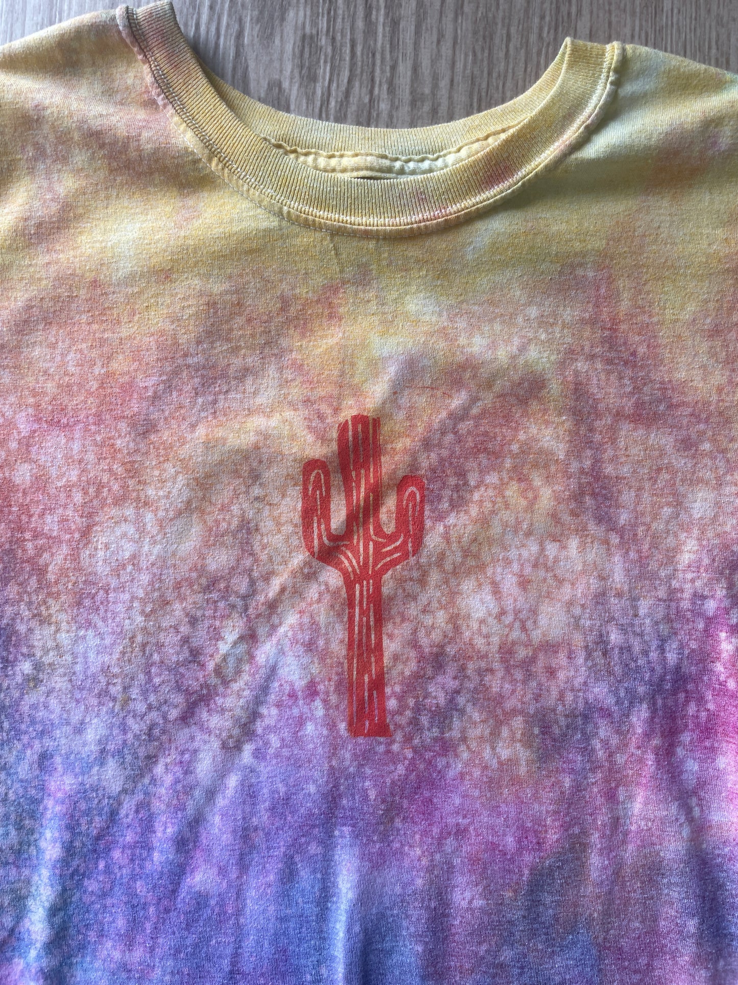 MEDIUM Men's Saguaro Cactus Sunrise Galaxy Tie Dye T-Shirt | One-Of-a-Kind Pastel Blue, Pink, and Yellow Crumpled Short Sleeve