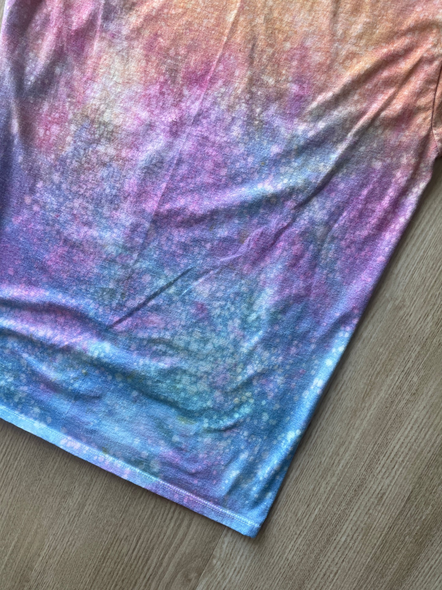 MEDIUM Men's Saguaro Cactus Sunrise Galaxy Tie Dye T-Shirt | One-Of-a-Kind Pastel Blue, Pink, and Yellow Crumpled Short Sleeve