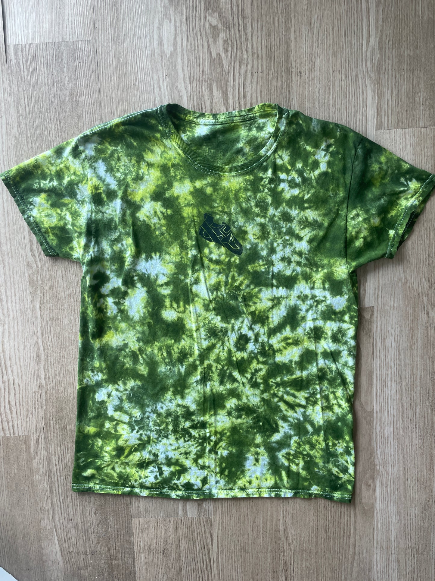 Large Men’s Climbing Shoe Tie Dye T-Shirt | One-Of-a-Kind Green and White Crumpled Short Sleeve