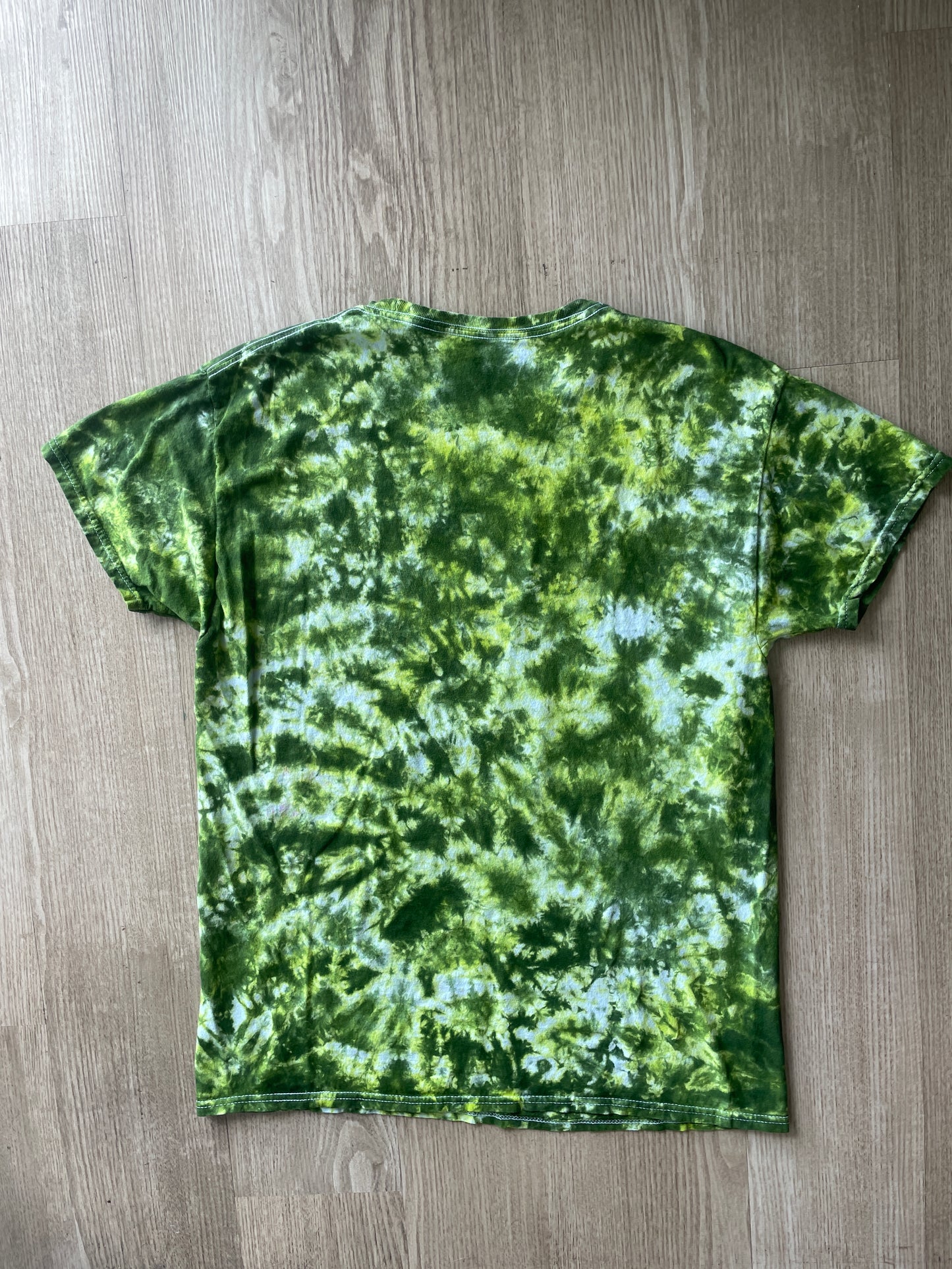 Large Men’s Climbing Shoe Tie Dye T-Shirt | One-Of-a-Kind Green and White Crumpled Short Sleeve