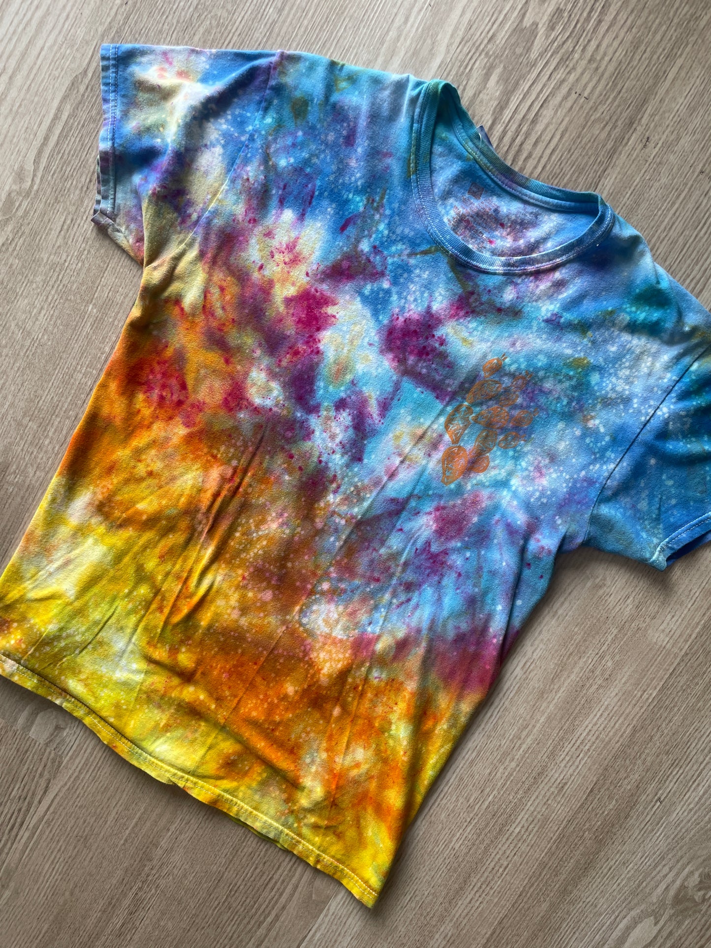 MEDIUM Men’s Prickly Pear Cactus Sunset Galaxy Tie Dye T-Shirt | One-Of-a-Kind Blue, Pink, and Yellow Crumpled Short Sleeve