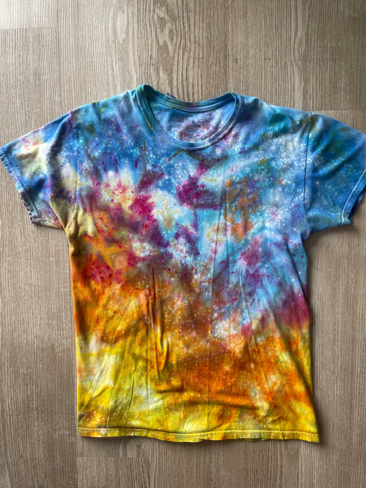 MEDIUM Men’s Prickly Pear Cactus Sunset Galaxy Tie Dye T-Shirt | One-Of-a-Kind Blue, Pink, and Yellow Crumpled Short Sleeve