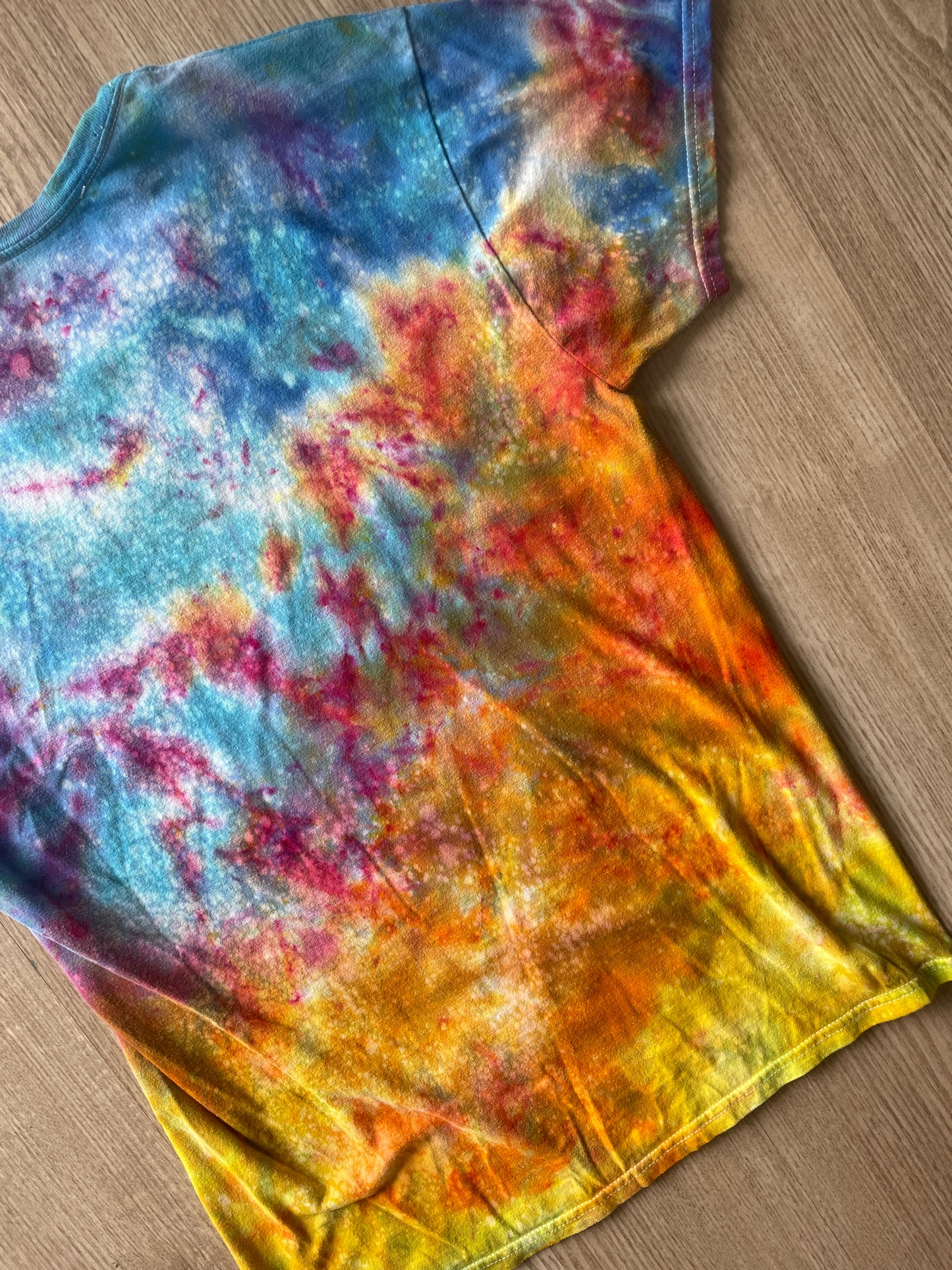 MEDIUM Men’s Prickly Pear Cactus Sunset Galaxy Tie Dye T-Shirt | One-Of-a-Kind Blue, Pink, and Yellow Crumpled Short Sleeve