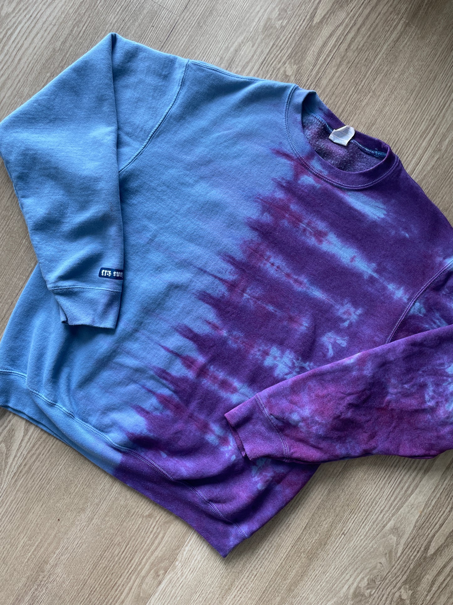 Large Men's I Can Do All Things Tie Dye Crewneck Sweatshirt | One-Of-a-Kind Upcycled Blue and Purple Half-and-Half Sweatshirt