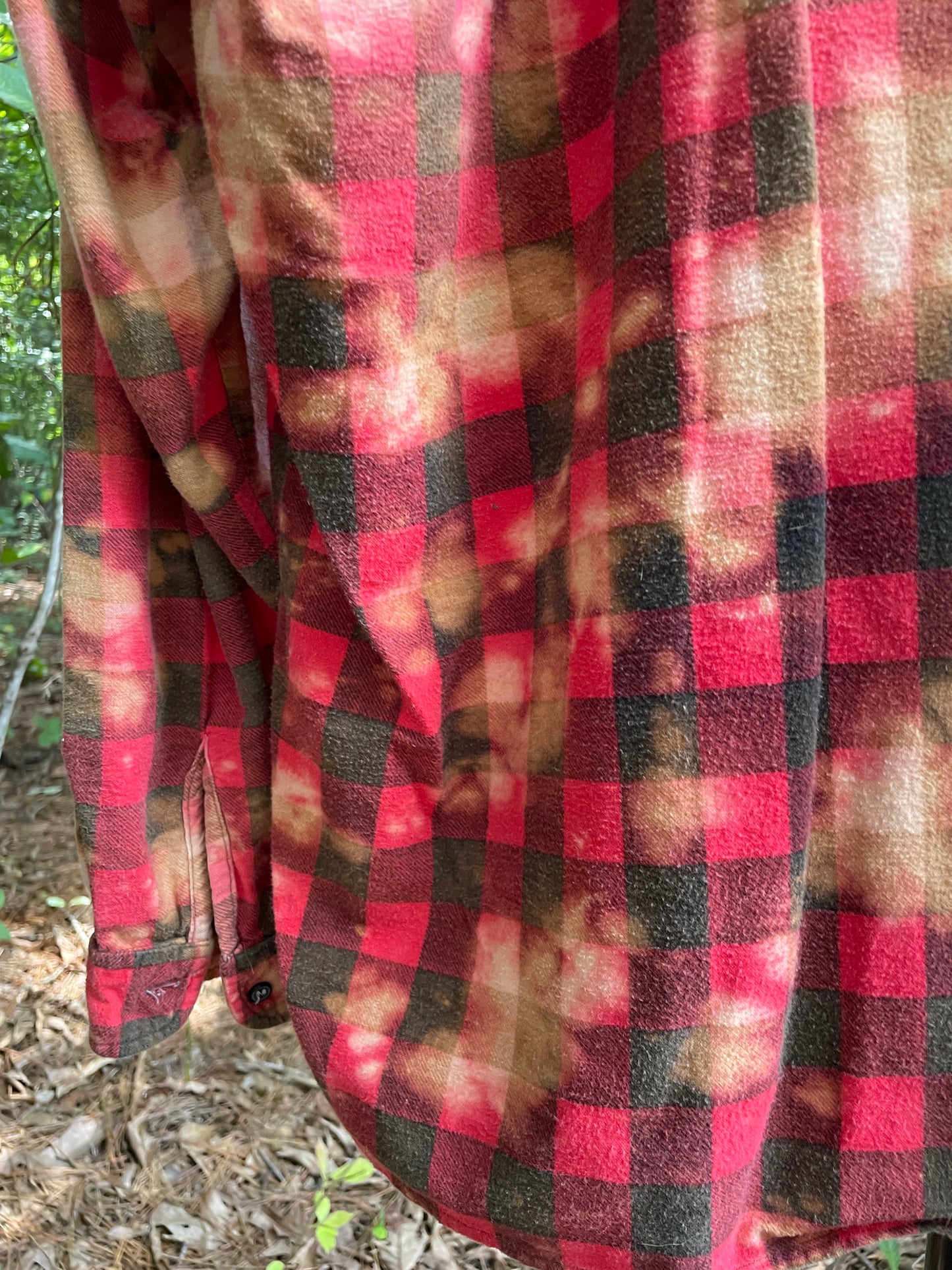 XL Men's Saucatuk Handmade Bleach Dye Buffalo Plaid Flannel Shirt | One-Of-a-Kind Upcycled Long Sleeve with Ski Boot Block Print
