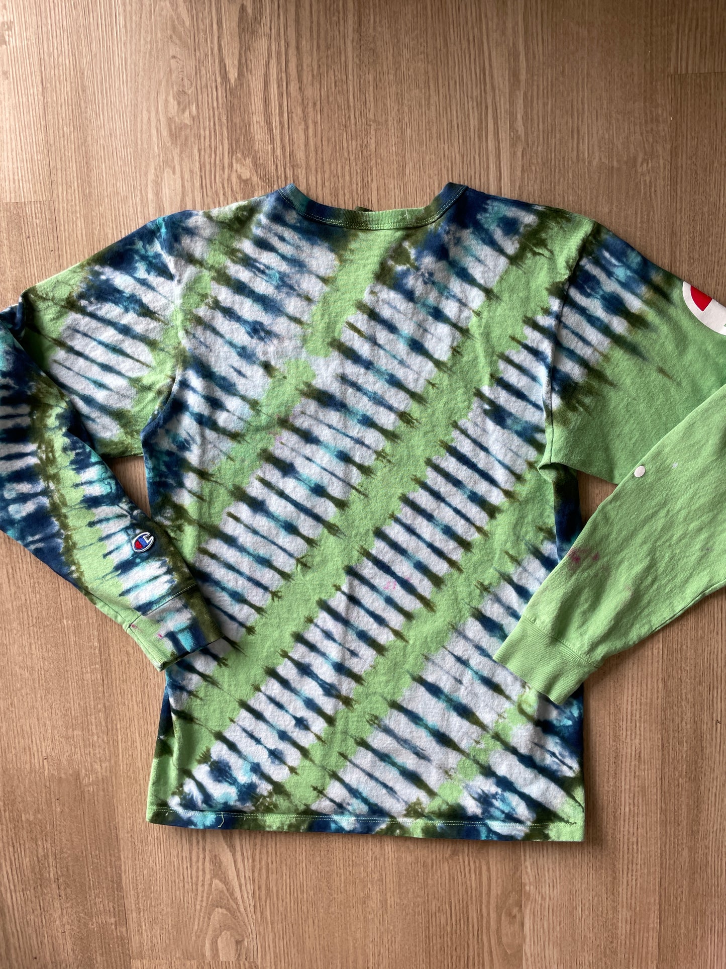 MEDIUM Men’s Champion Handmade Tie Dye T-Shirt | One-Of-a-Kind Green and Blue Long Sleeve
