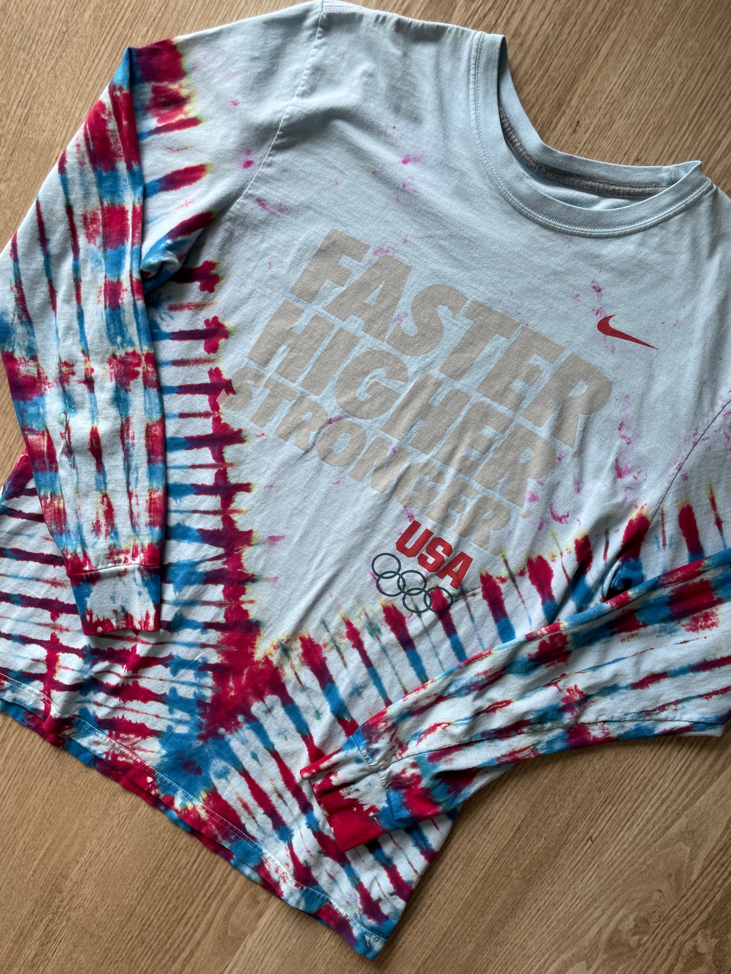 LARGE Men’s Nike Team USA Faster Higher Stronger Handmade Tie Dye T-Shirt | One-Of-a-Kind Red, White, and Blue Long Sleeve