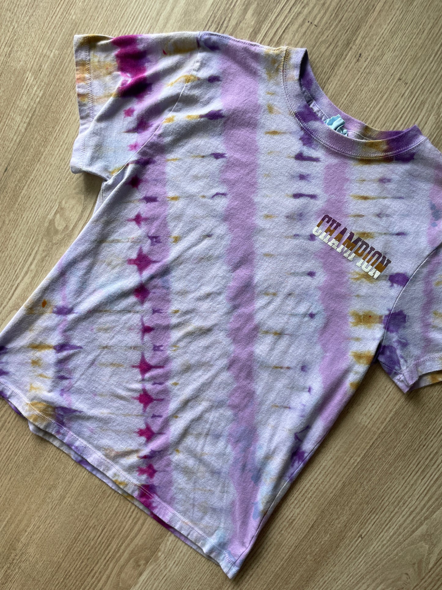 MEDIUM Women’s Champion Handmade Tie Dye T-Shirt | One-Of-a-Kind Pink and Gold Short Sleeve