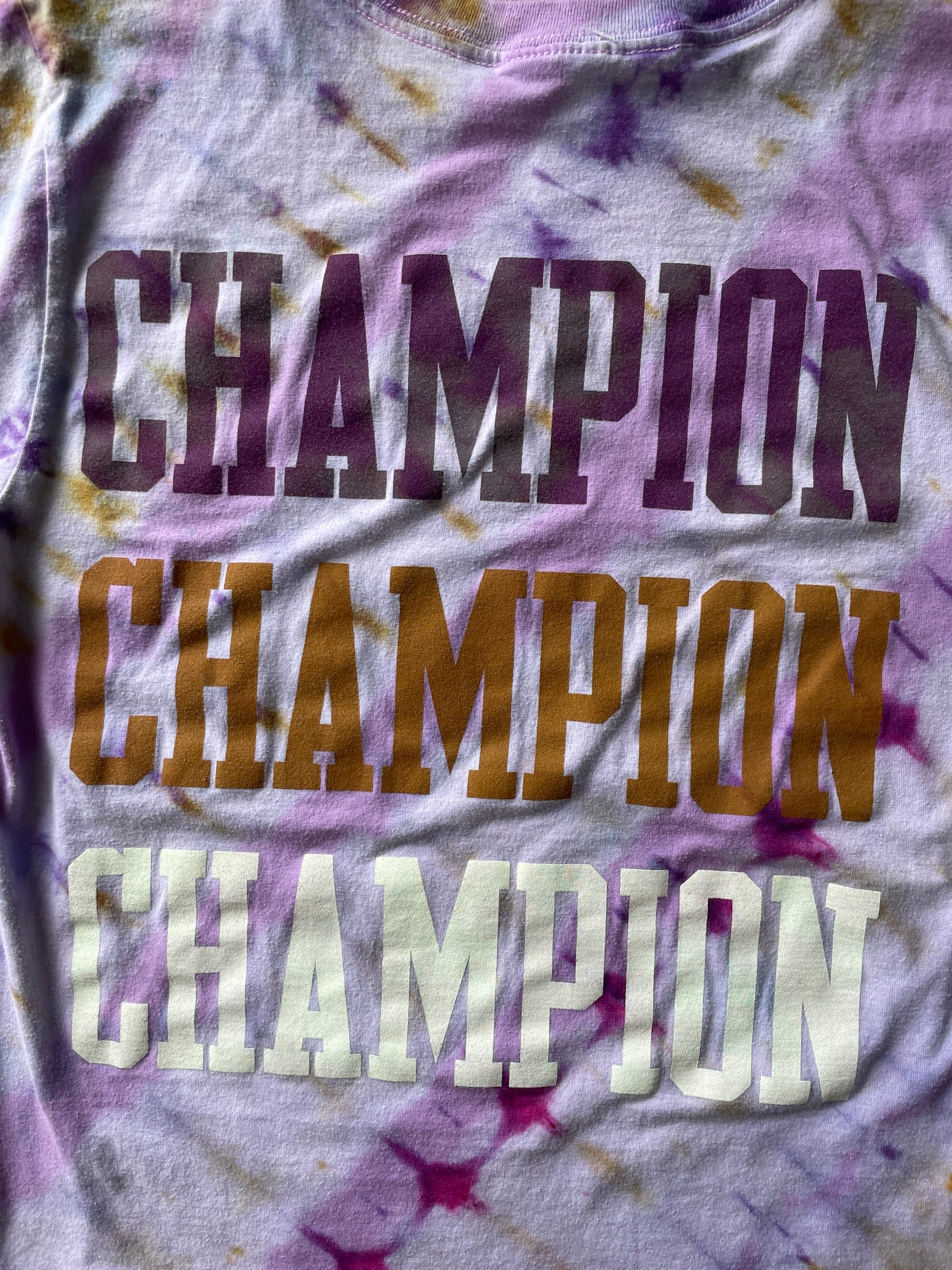 MEDIUM Women’s Champion Handmade Tie Dye T-Shirt | One-Of-a-Kind Pink and Gold Short Sleeve