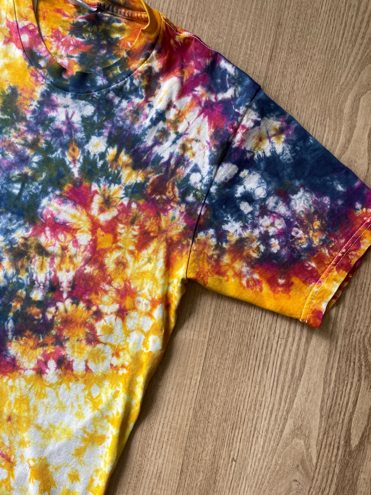 MEDIUM Men’s Climbing Shoe Handmade Tie Dye T-Shirt | One-Of-a-Kind Yellow and Pink Crumpled Short Sleeve