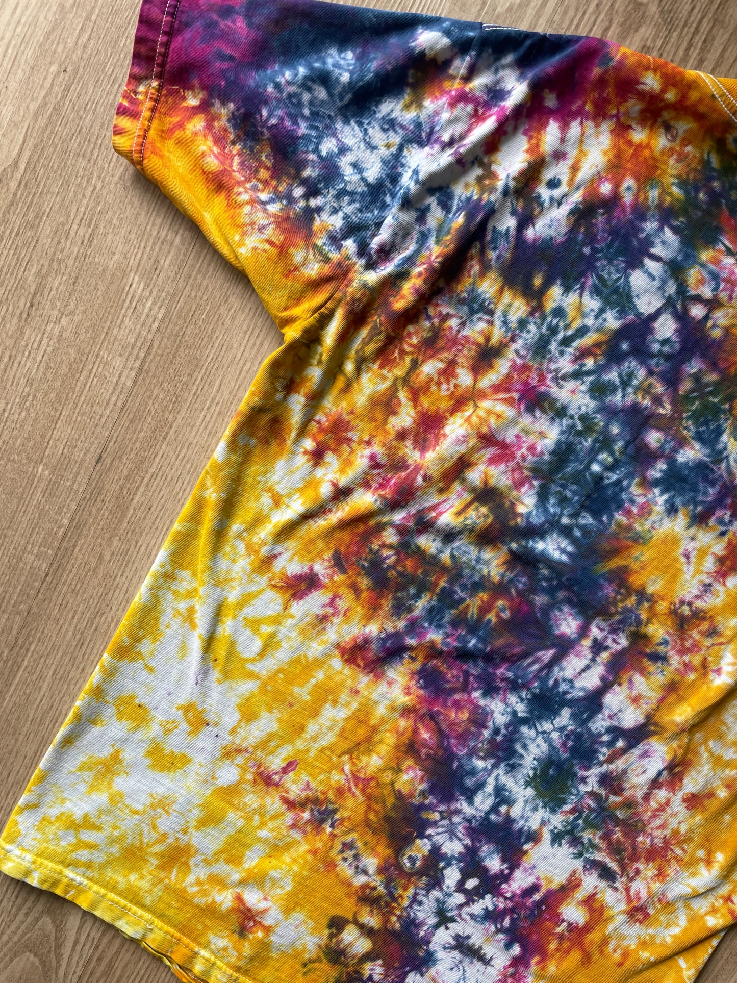 MEDIUM Men’s Climbing Shoe Handmade Tie Dye T-Shirt | One-Of-a-Kind Yellow and Pink Crumpled Short Sleeve