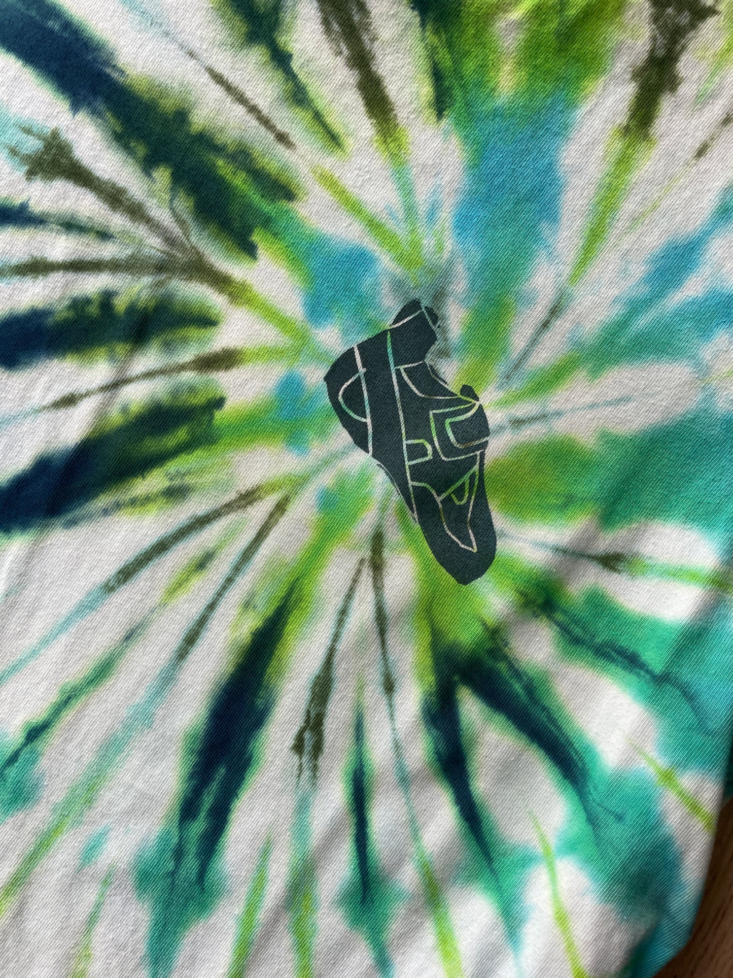 MEDIUM Men’s Climbing Shoe Handmade Tie Dyed T-Shirt | One-Of-a-Kind Green and Blue Spiral Short Sleeve