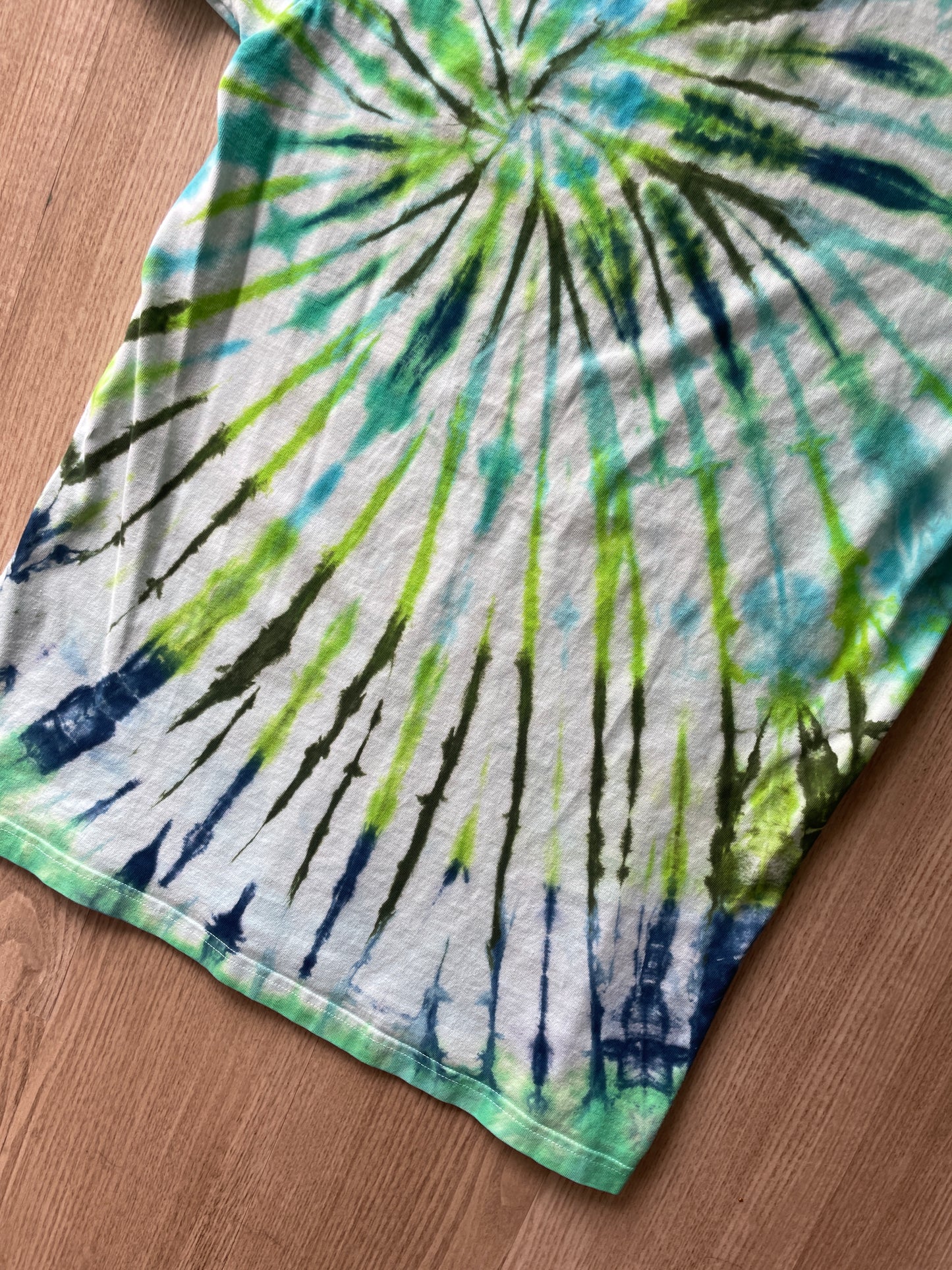 MEDIUM Men’s Climbing Shoe Handmade Tie Dyed T-Shirt | One-Of-a-Kind Green and Blue Spiral Short Sleeve