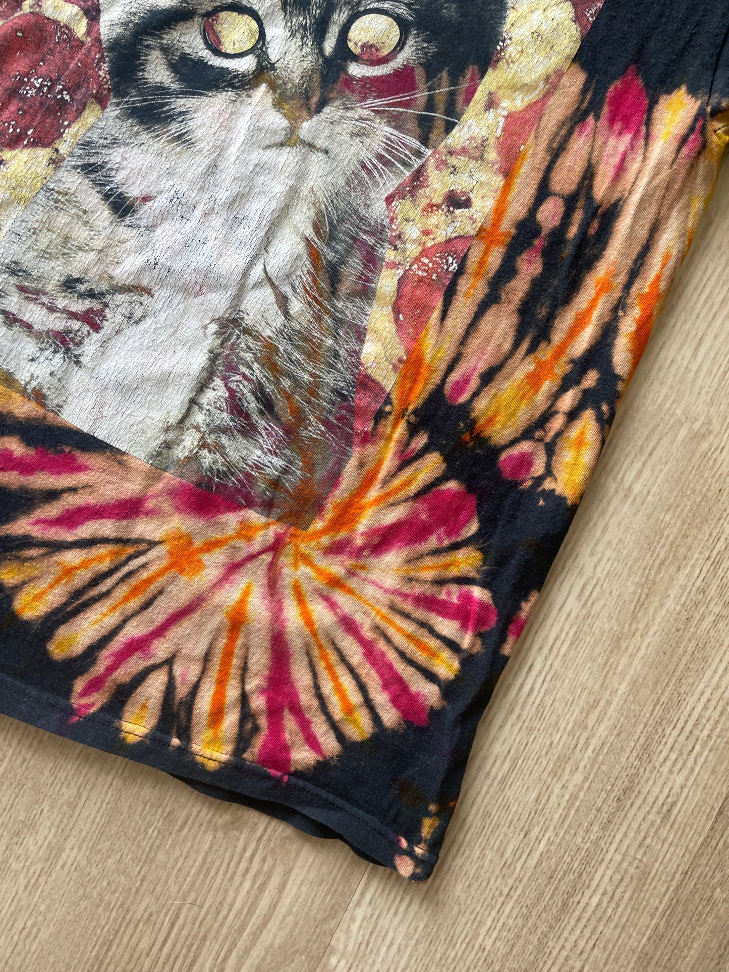 MEDIUM Men’s Hypnotic Pizza Cat Reverse Tie Dye T-Shirt | One-Of-a-Kind Black, Red, and Orange Spiral Short Sleev