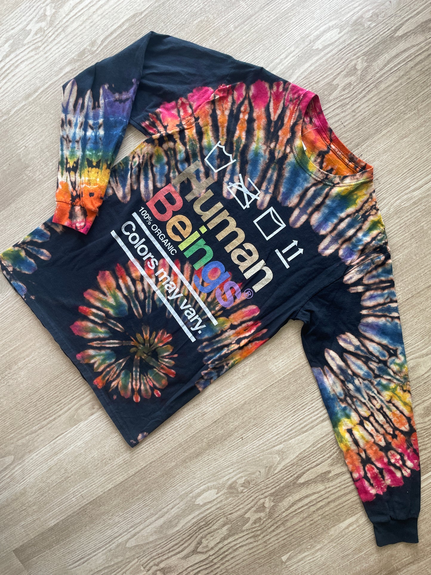 MEDIUM Men’s Human Beings: Colors May Vary Reverse Tie Dye Long Sleeve T-Shirt | One-Of-a-Kind Black Rainbow Spiral Long Sleeve