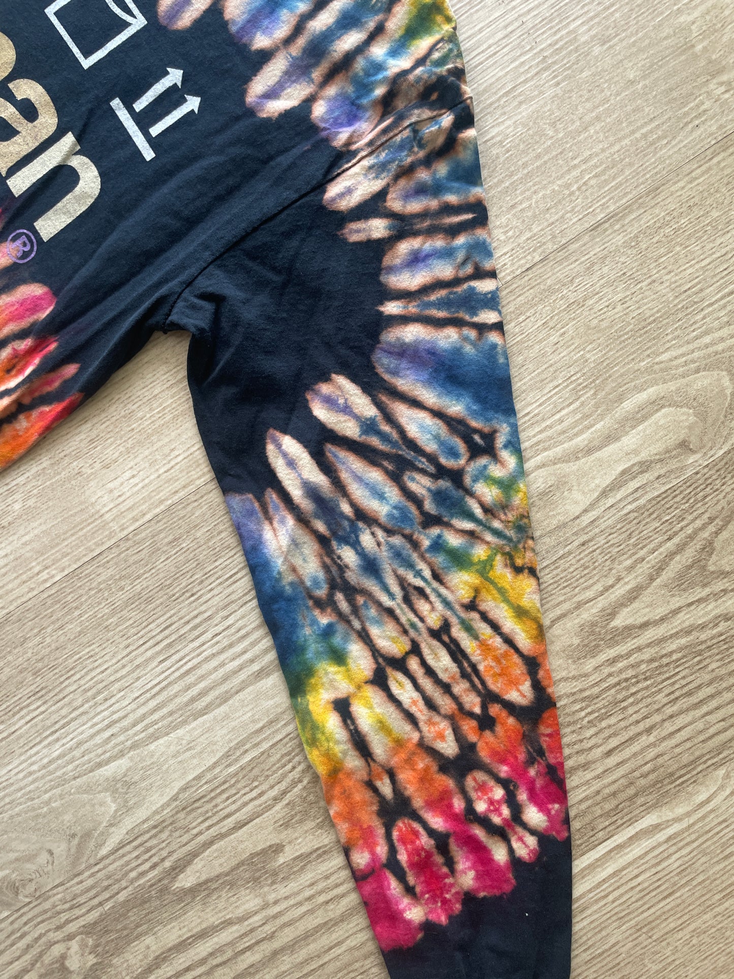 MEDIUM Men’s Human Beings: Colors May Vary Reverse Tie Dye Long Sleeve T-Shirt | One-Of-a-Kind Black Rainbow Spiral Long Sleeve