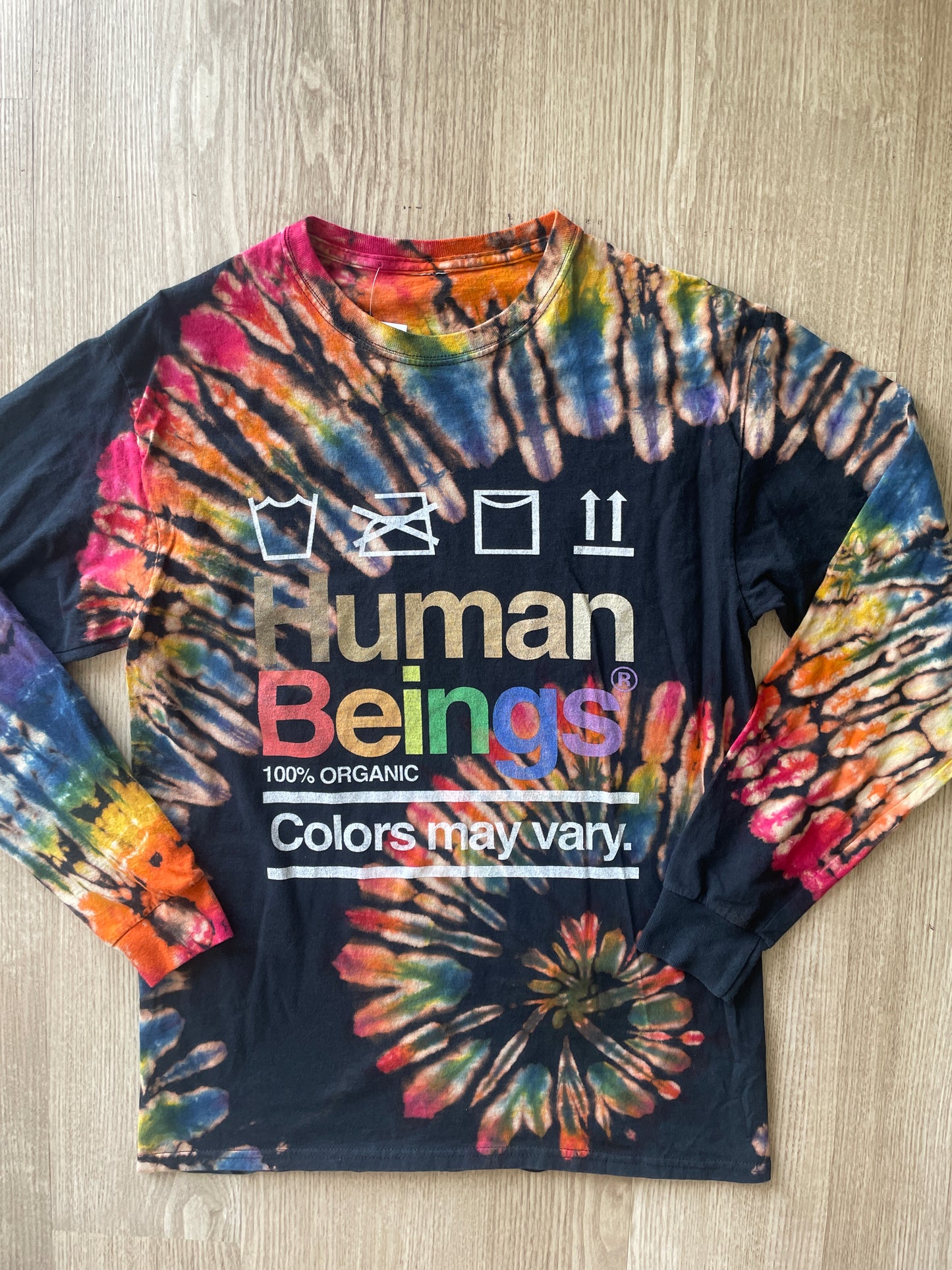 MEDIUM Men’s Human Beings: Colors May Vary Reverse Tie Dye Long Sleeve T-Shirt | One-Of-a-Kind Black Rainbow Spiral Long Sleeve