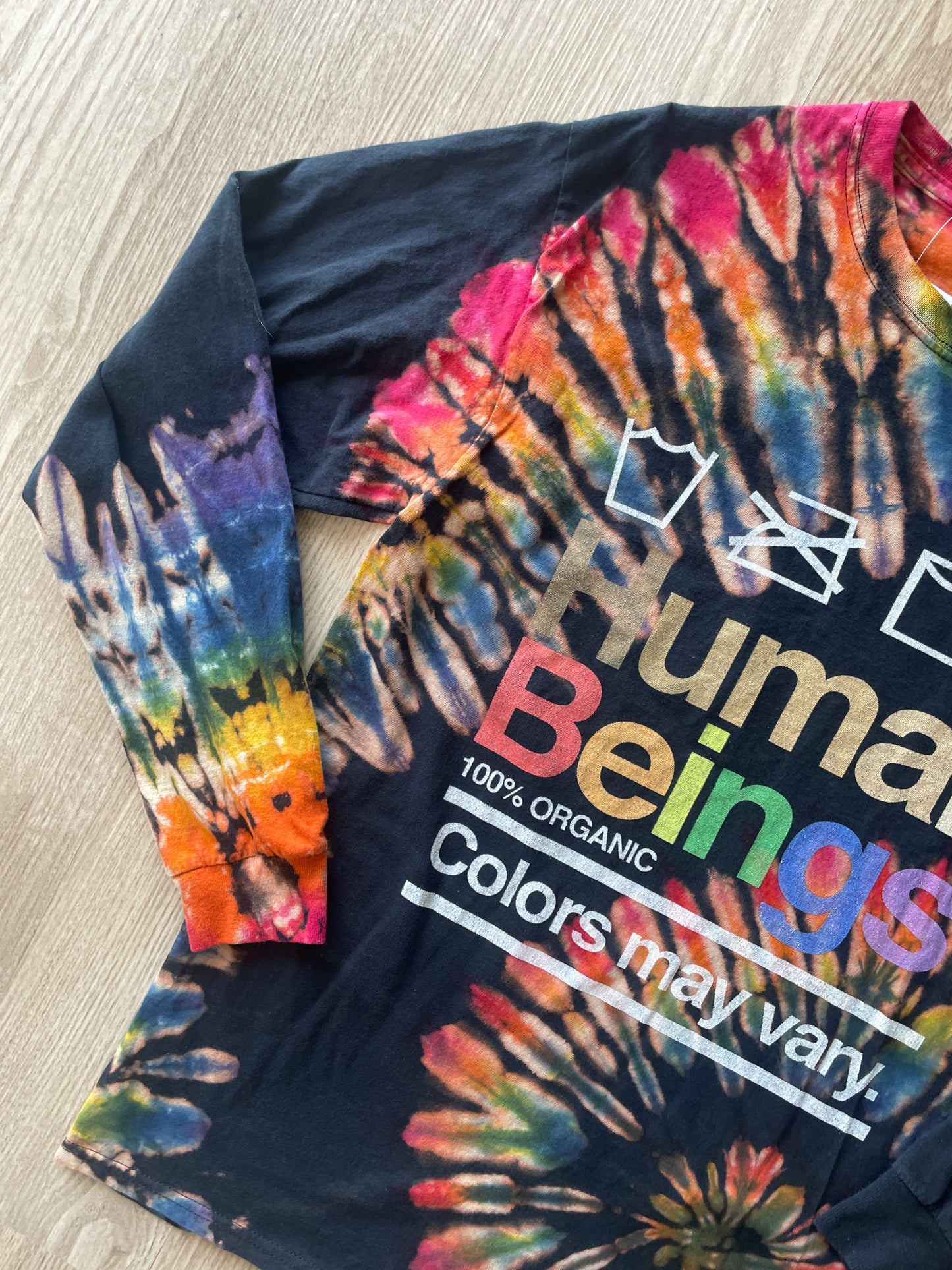 MEDIUM Men’s Human Beings: Colors May Vary Reverse Tie Dye Long Sleeve T-Shirt | One-Of-a-Kind Black Rainbow Spiral Long Sleeve