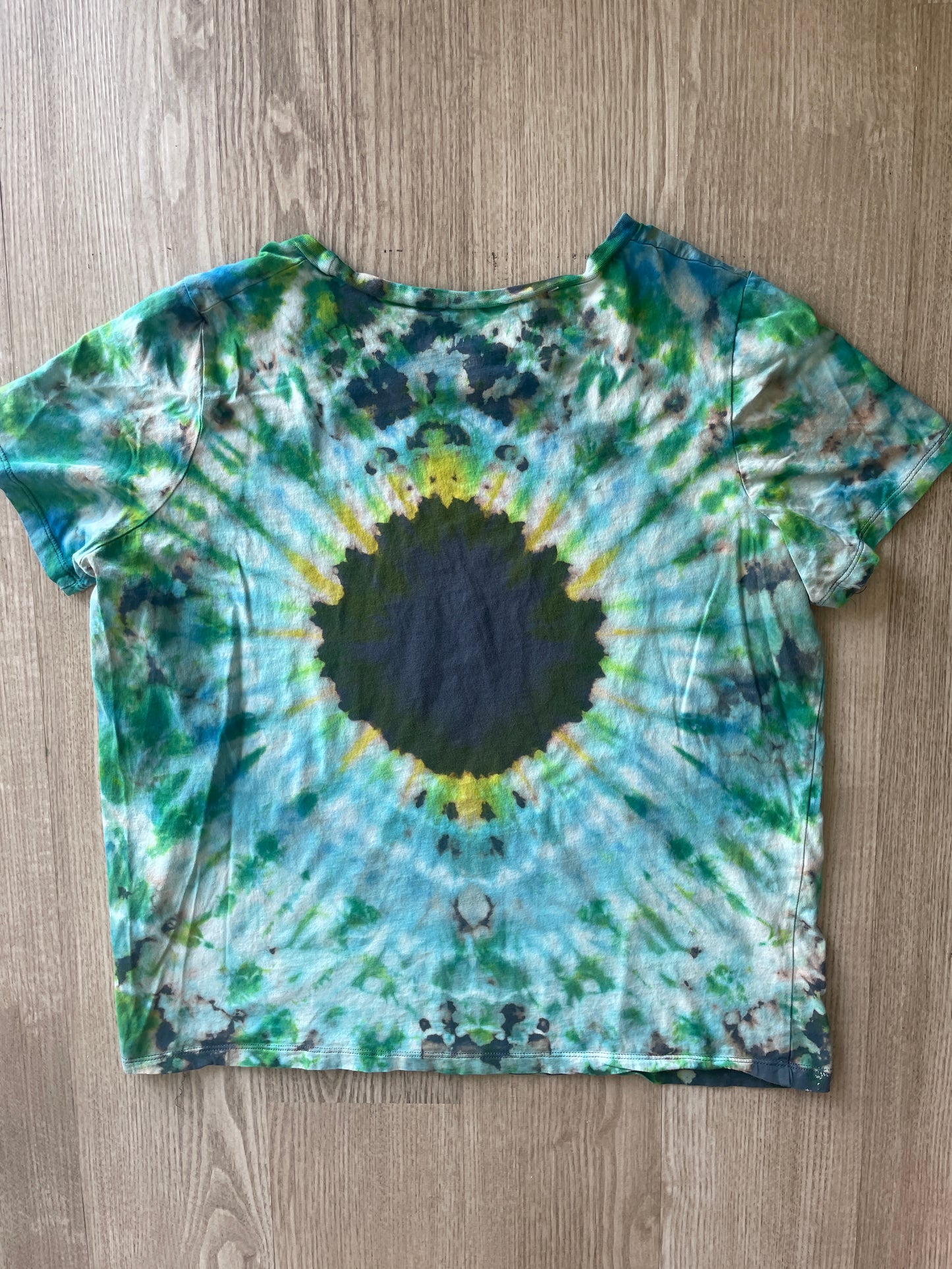 LARGE Women's AC/DC High Voltage Reverse Tie Dye T-Shirt | One-Of-a-Kind Gray, Green, and Blue Short Sleeve