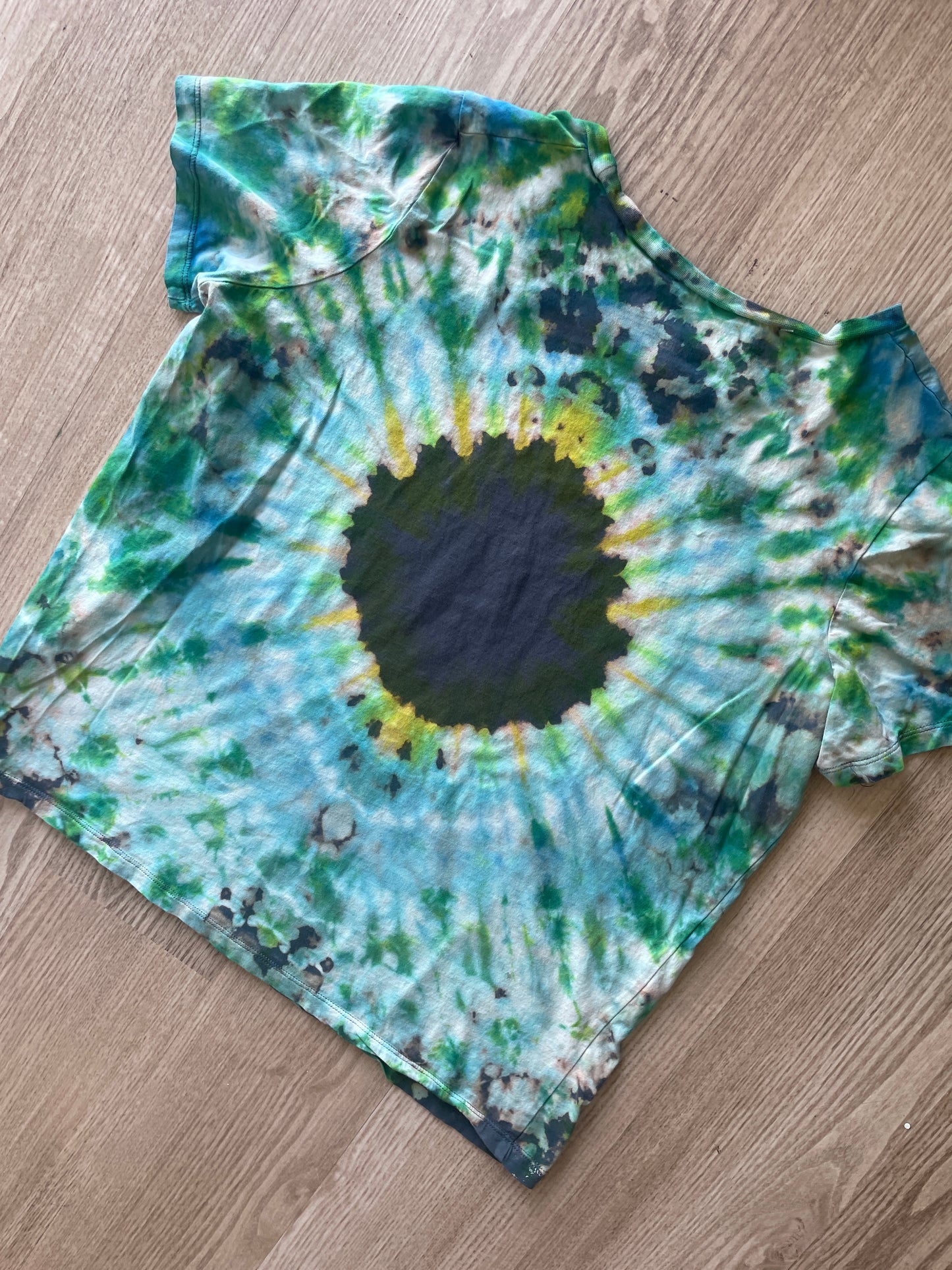 LARGE Women's AC/DC High Voltage Reverse Tie Dye T-Shirt | One-Of-a-Kind Gray, Green, and Blue Short Sleeve