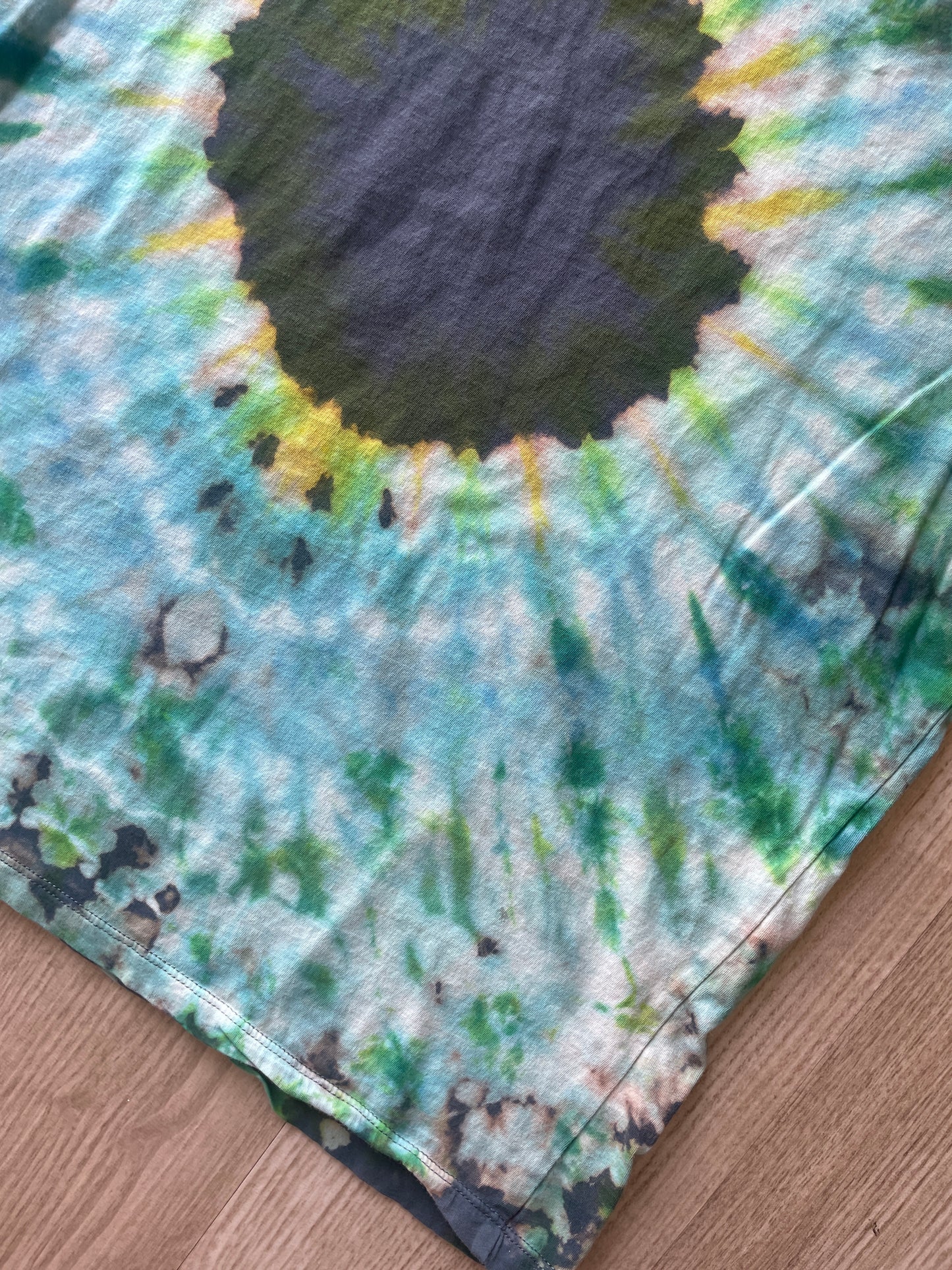LARGE Women's AC/DC High Voltage Reverse Tie Dye T-Shirt | One-Of-a-Kind Gray, Green, and Blue Short Sleeve