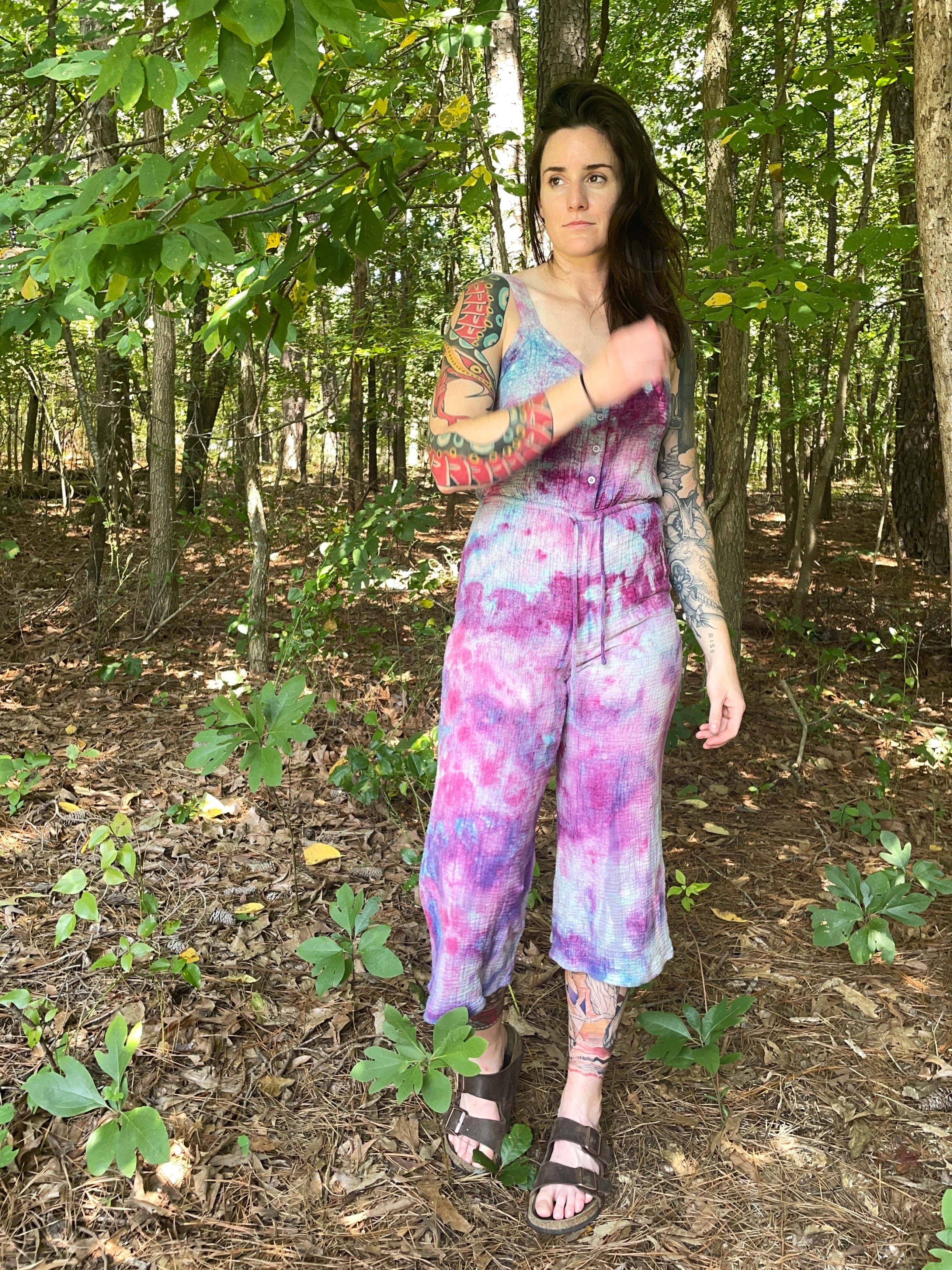 MEDIUM Women's Handmade Galaxy Dye Jumpsuit | One-of-a-Kind Pink and Blue Sleeveless Jumpsuit