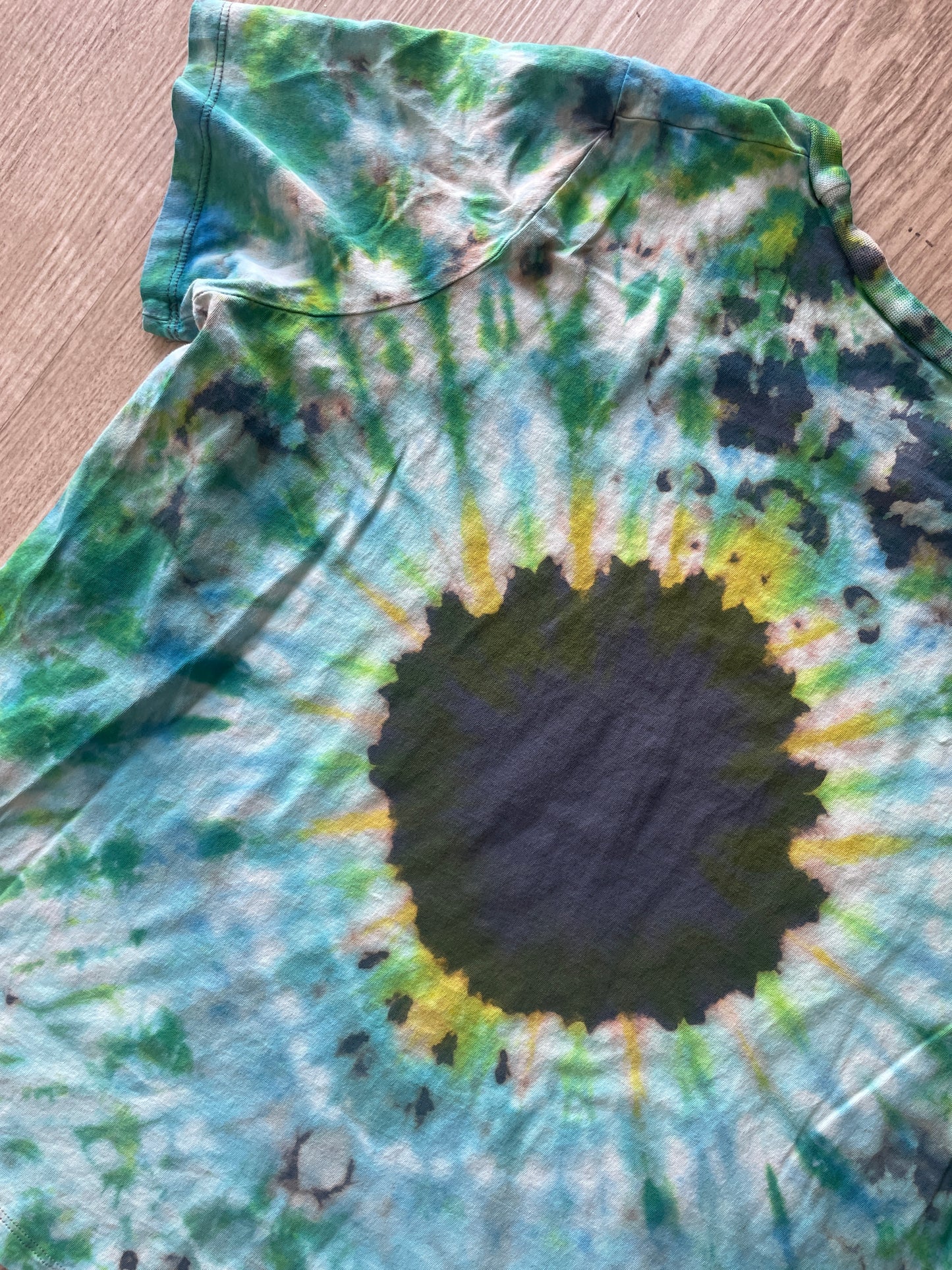 LARGE Women's AC/DC High Voltage Reverse Tie Dye T-Shirt | One-Of-a-Kind Gray, Green, and Blue Short Sleeve
