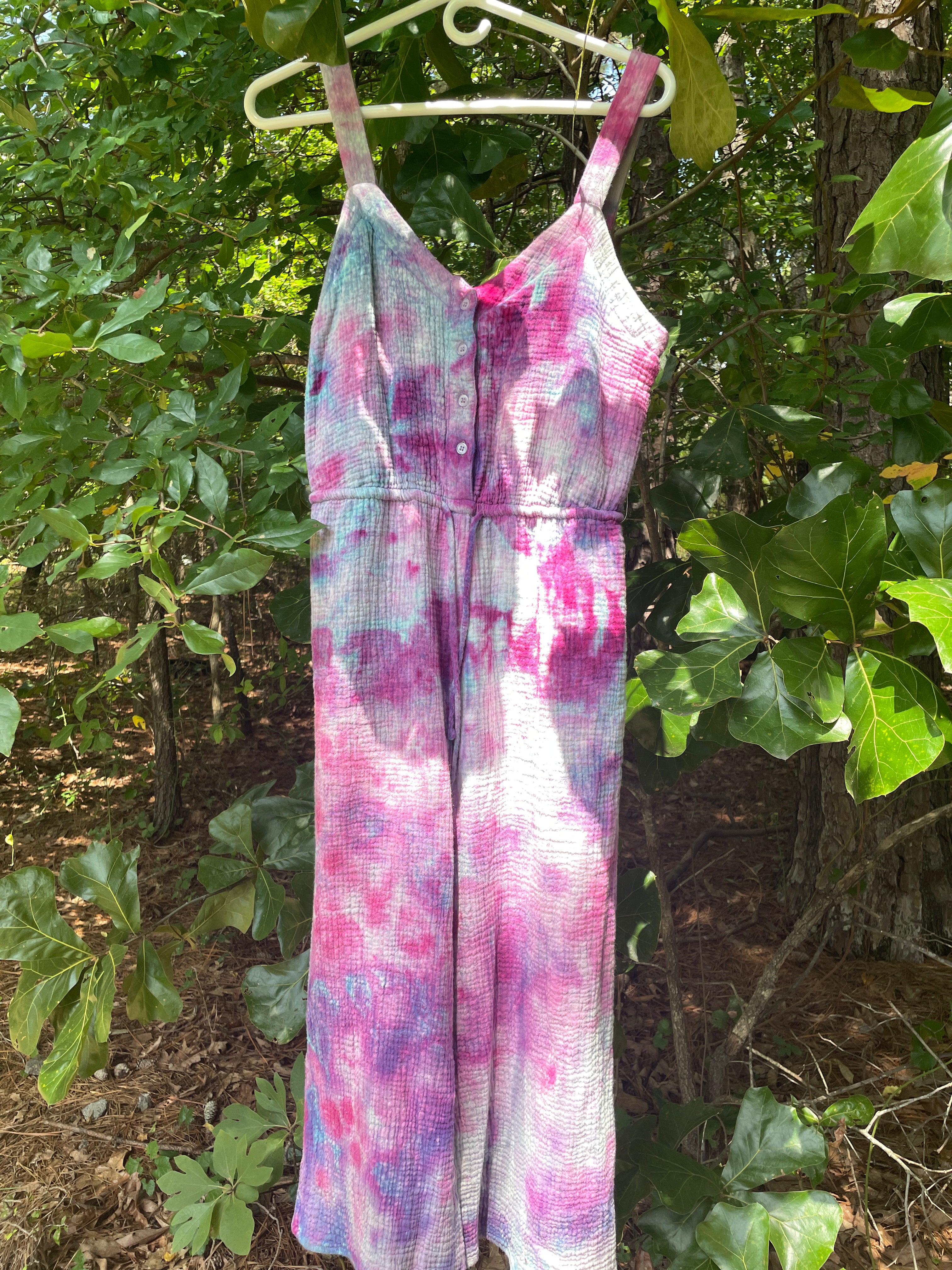 MEDIUM Women's Handmade Galaxy Dye Jumpsuit | One-of-a-Kind Pink and Blue Sleeveless Jumpsuit