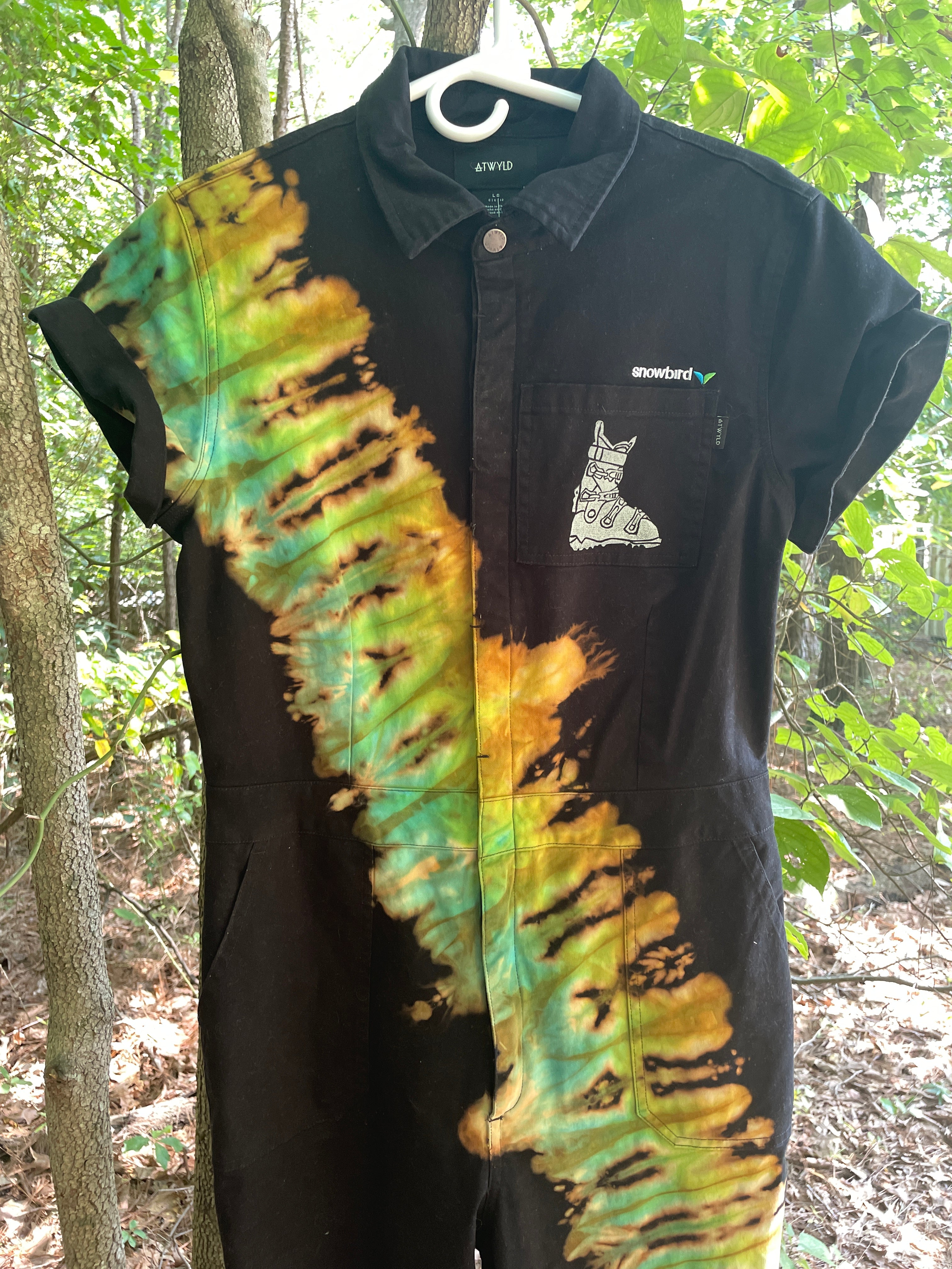 LARGE Women's Snowbird Handmade Tie Dye Jumpsuit (WITH POCKETS) | One-of-a-Kind Short Sleeve Black and Green Jumpsuit with Ski Boot Block Print