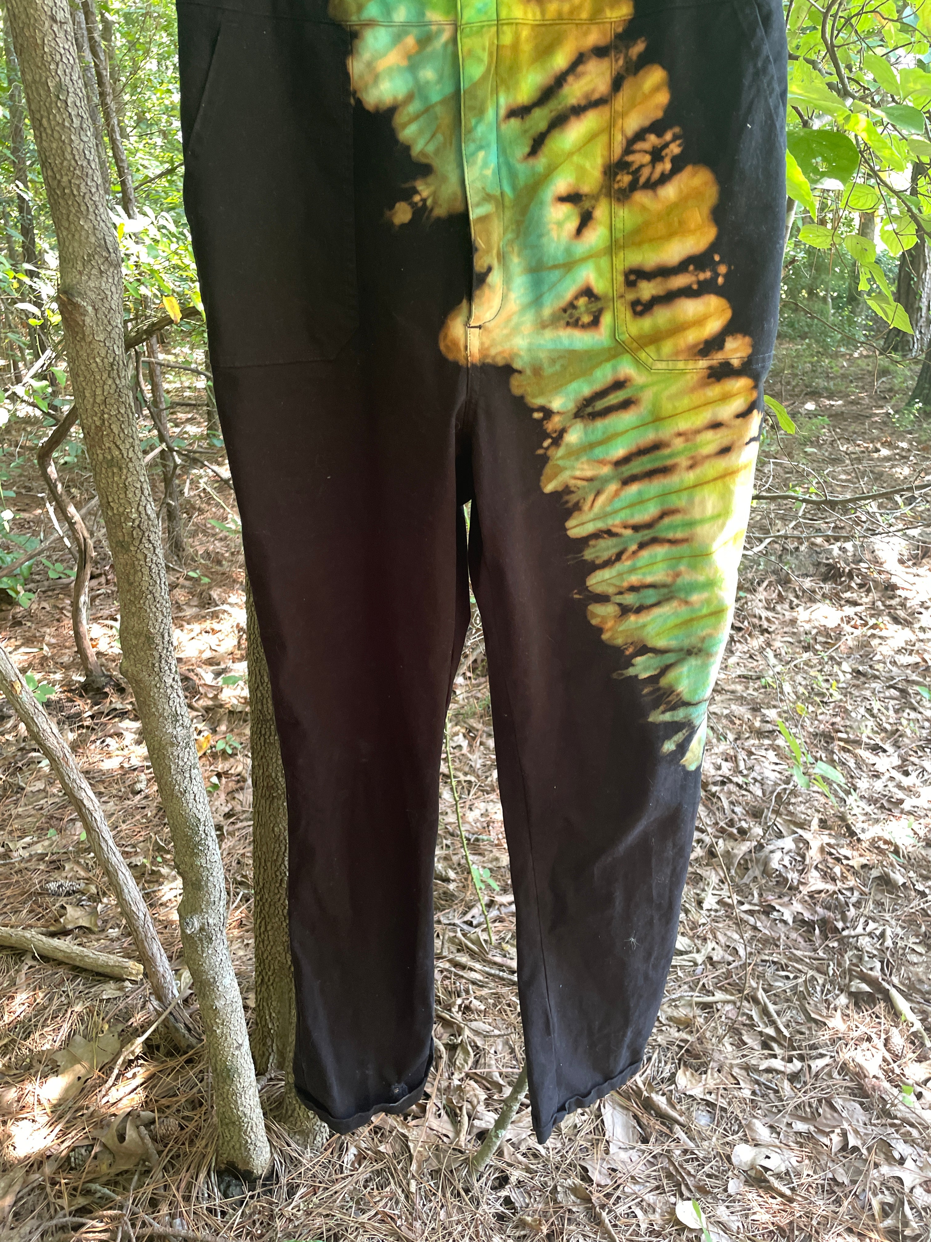 LARGE Women's Snowbird Handmade Tie Dye Jumpsuit (WITH POCKETS) | One-of-a-Kind Short Sleeve Black and Green Jumpsuit with Ski Boot Block Print