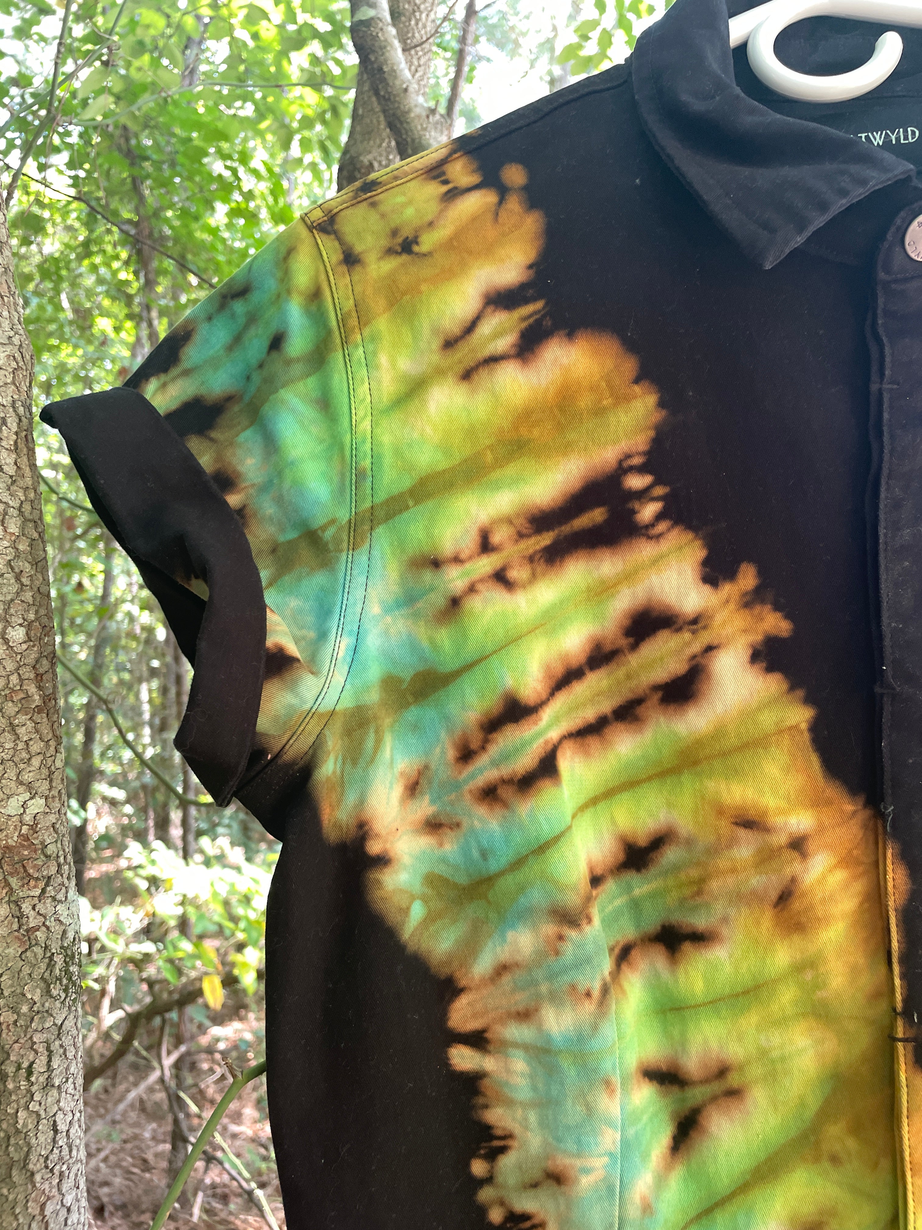 LARGE Women's Snowbird Handmade Tie Dye Jumpsuit (WITH POCKETS) | One-of-a-Kind Short Sleeve Black and Green Jumpsuit with Ski Boot Block Print