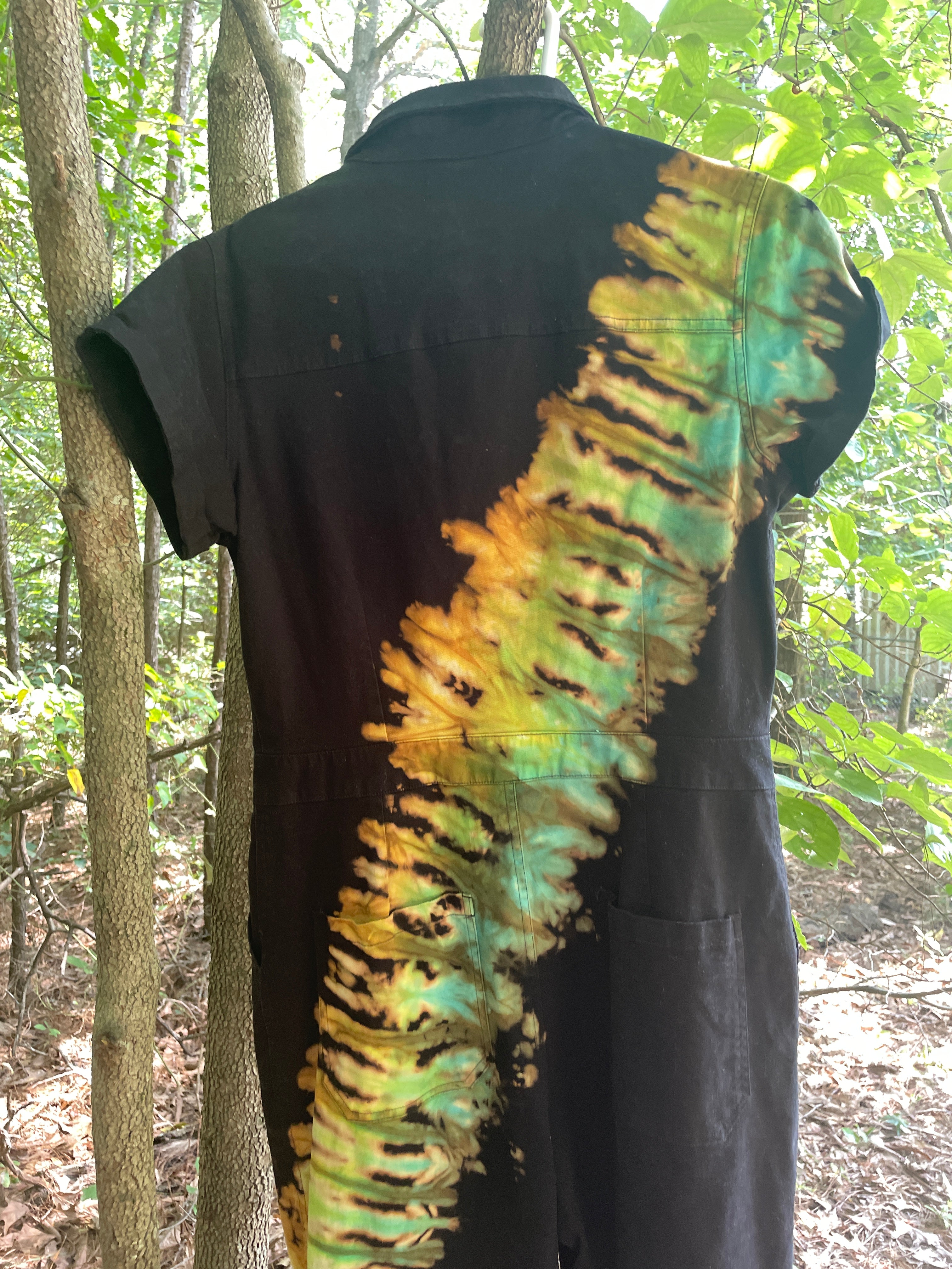 LARGE Women's Snowbird Handmade Tie Dye Jumpsuit (WITH POCKETS) | One-of-a-Kind Short Sleeve Black and Green Jumpsuit with Ski Boot Block Print