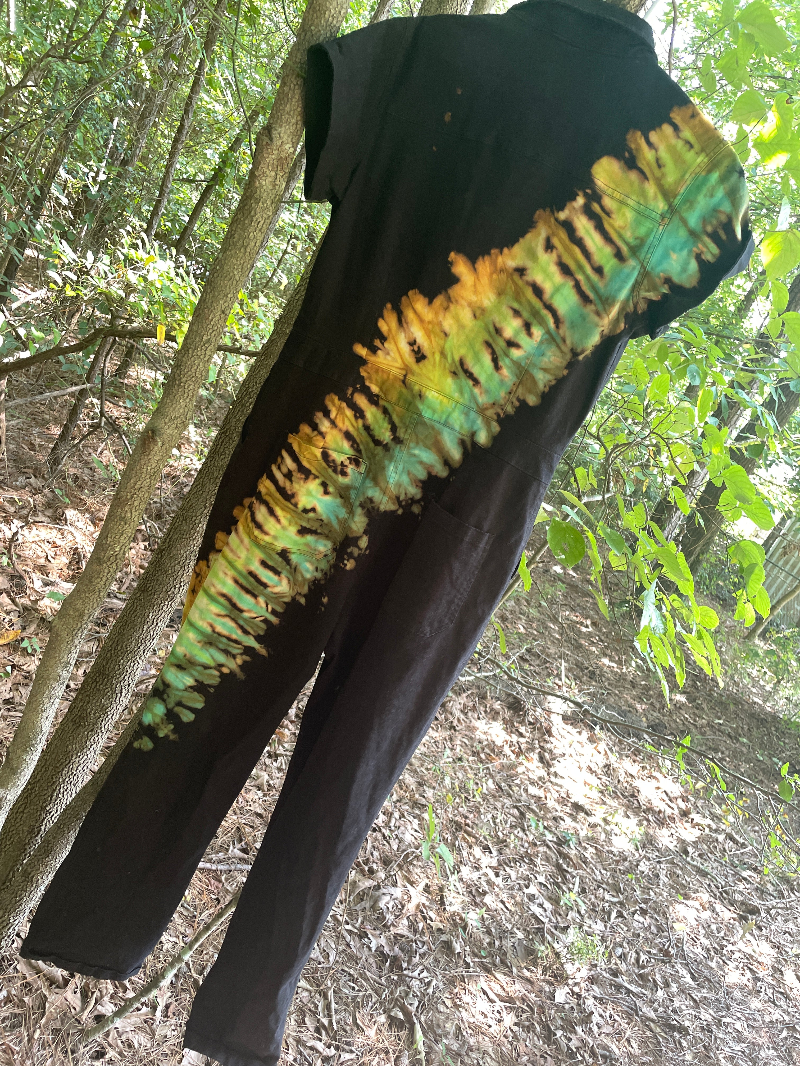 LARGE Women's Snowbird Handmade Tie Dye Jumpsuit (WITH POCKETS) | One-of-a-Kind Short Sleeve Black and Green Jumpsuit with Ski Boot Block Print