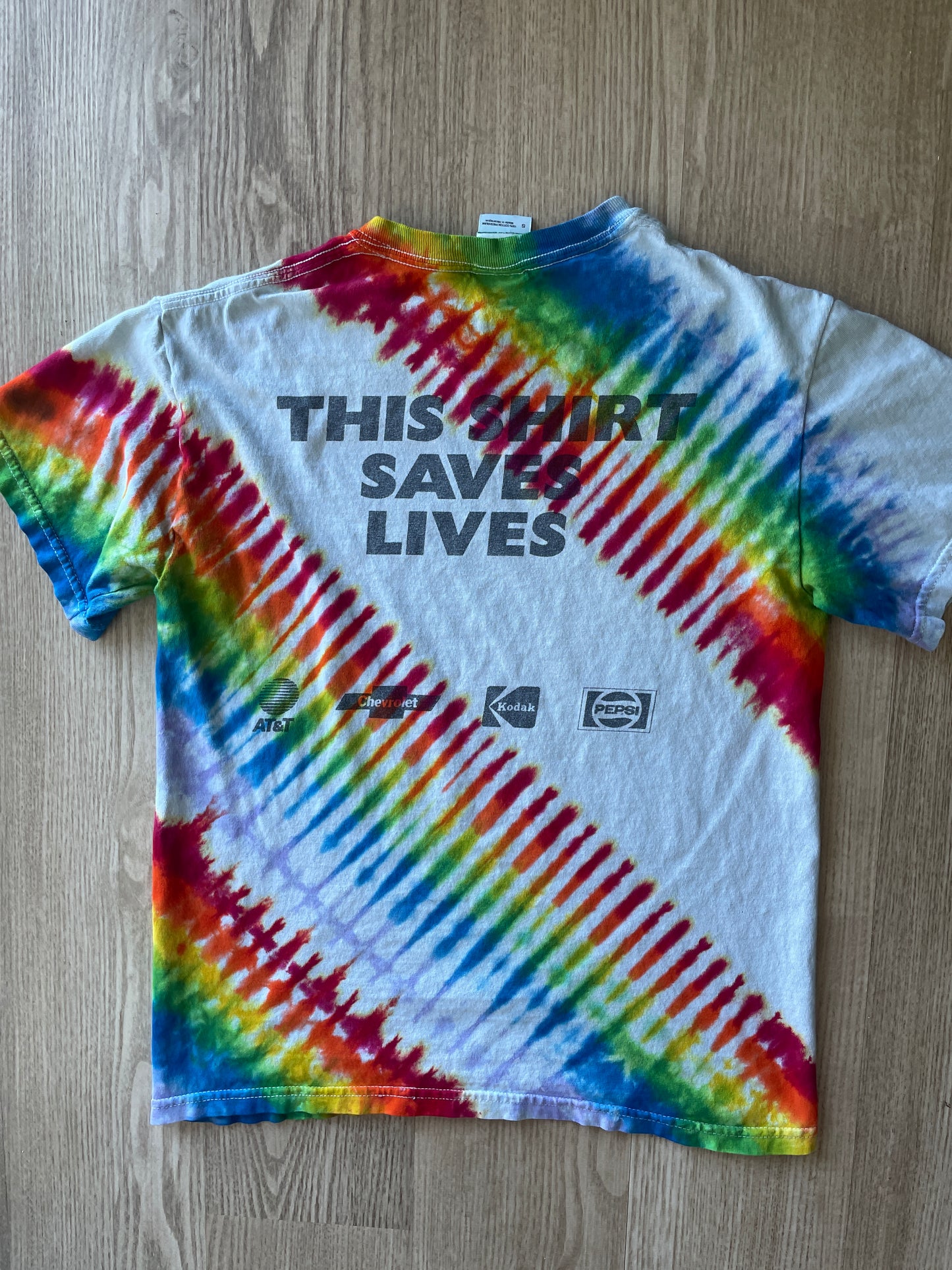 SMALL Men’s Vintage 1995 Live Aid Concert Tie Dye Short Sleeve T-Shirt | One-Of-a-Kind Upcycled Rainbow Pleated Top